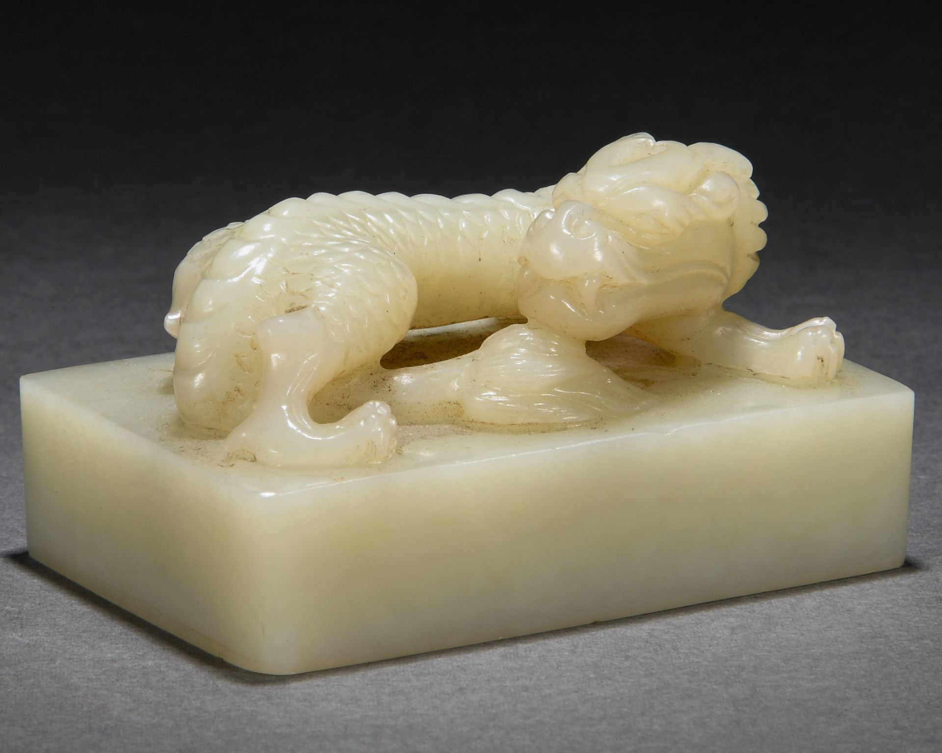 A Chinese Carved White Jade Mythical Beast Seal - Image 2 of 7