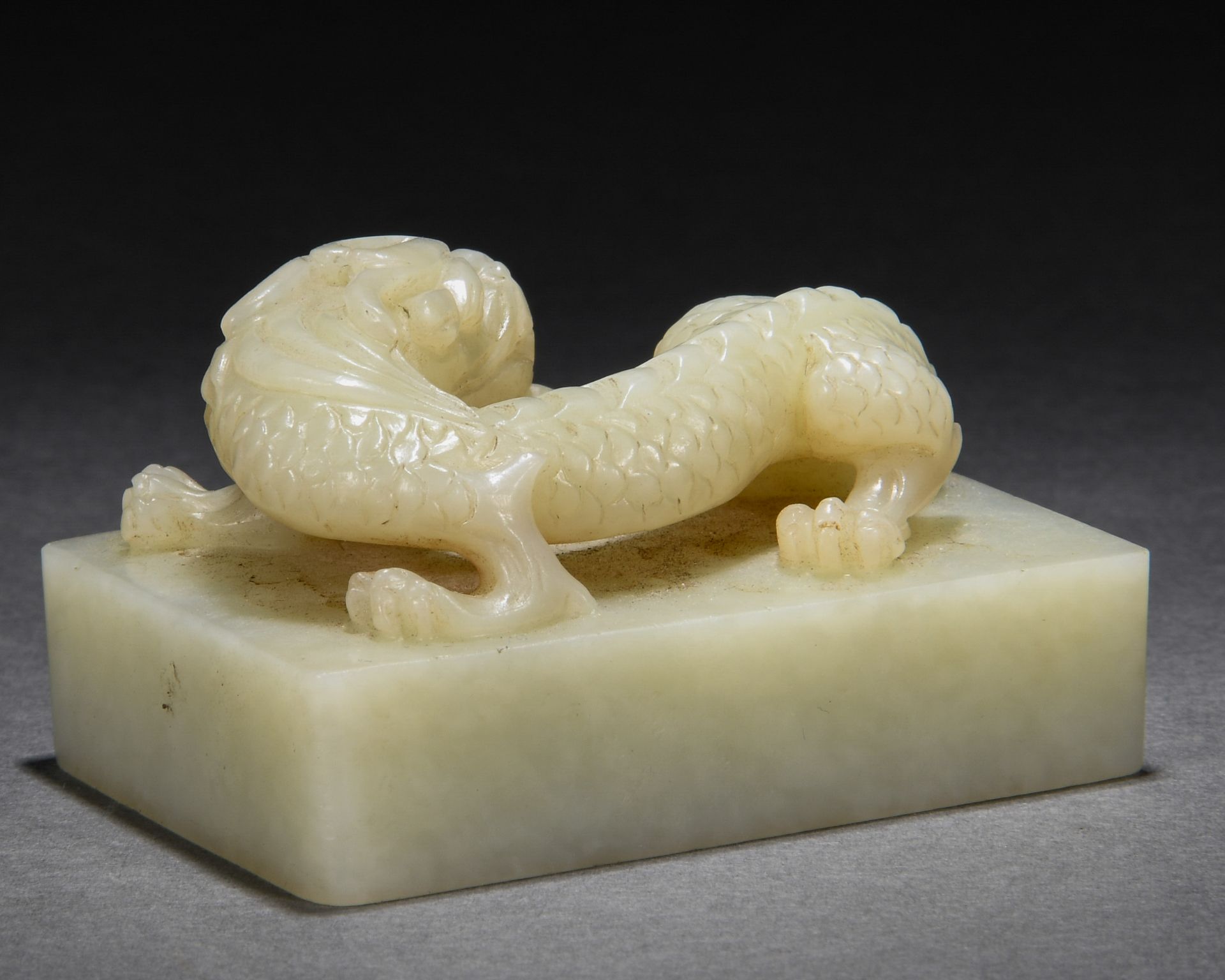 A Chinese Carved White Jade Mythical Beast Seal - Image 4 of 7