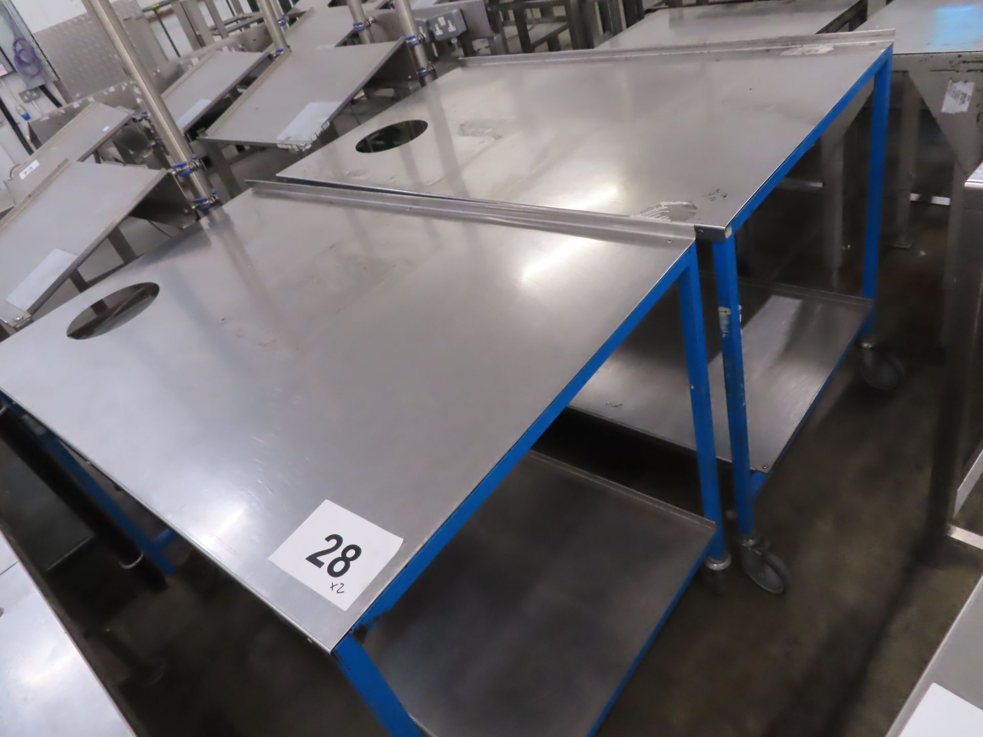 2 X STAINLESS STEEL TOPPED TABLES.