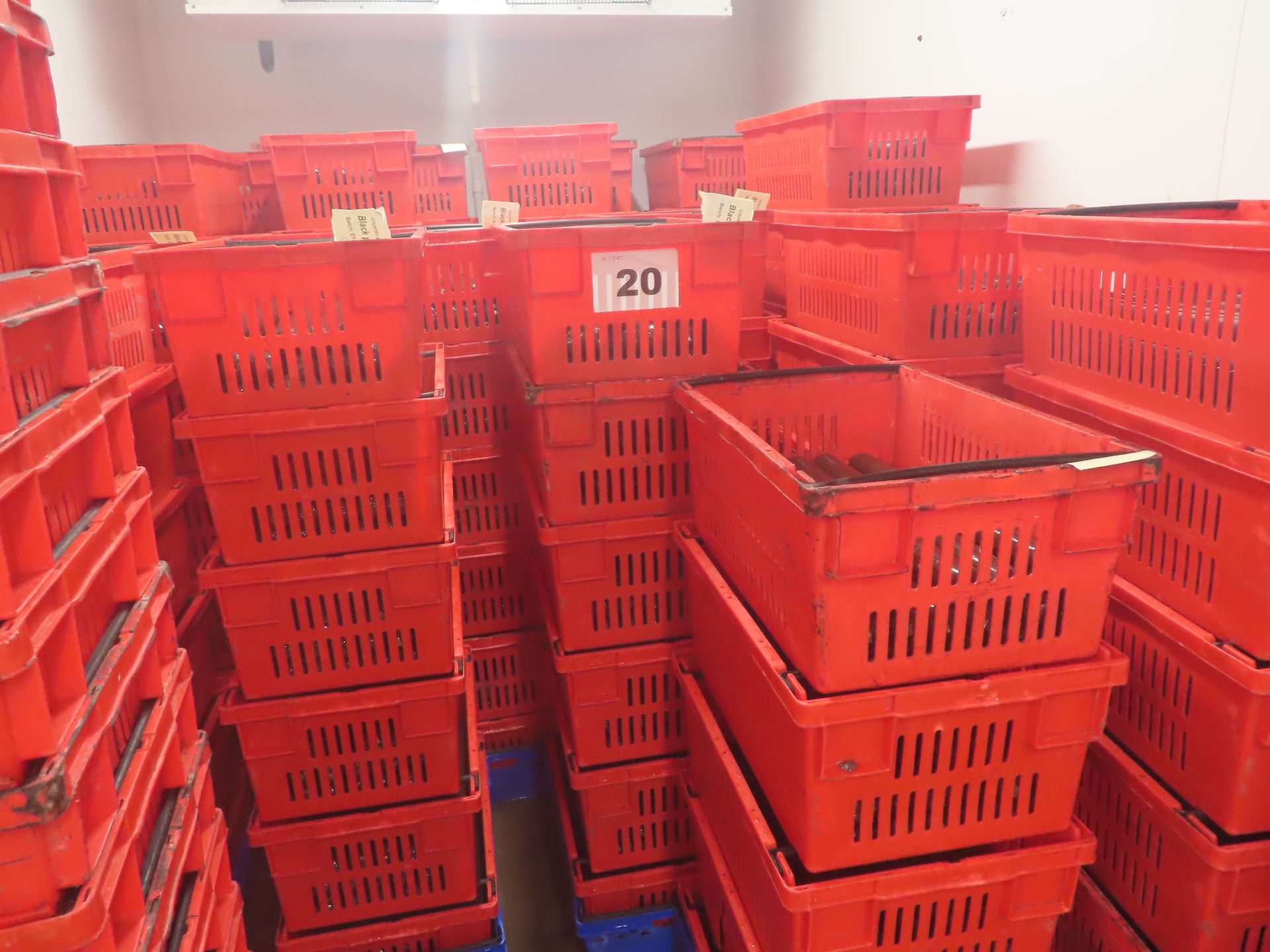 QTY APPROX. 150 RED PLASTIC CRATES.