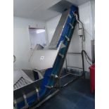 INCLINE FLIGHTED BELT CONVEYOR WITH HOPPER FEED.