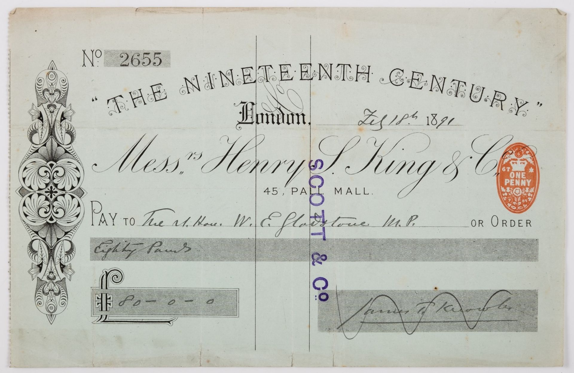 Gladstone (William Ewart).- Knowles (Sir James Thomas) Autograph cheque signed "James T Knowles" …