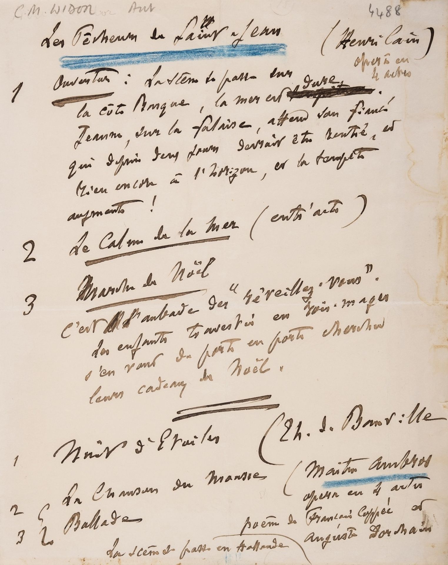 Music.- [Widor (Charles-Marie-Jean-Albert)] Autograph resumé of the opera "Les Pêcheurs de …