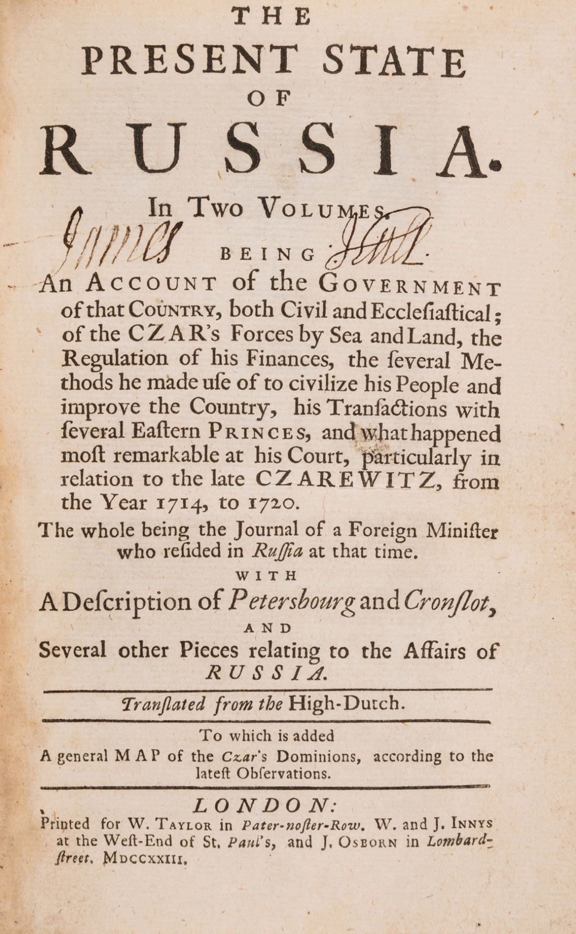 Russia.- [Weber (Friedrich Christian)] The Present State of Russia, 2 vol., first English edition, …