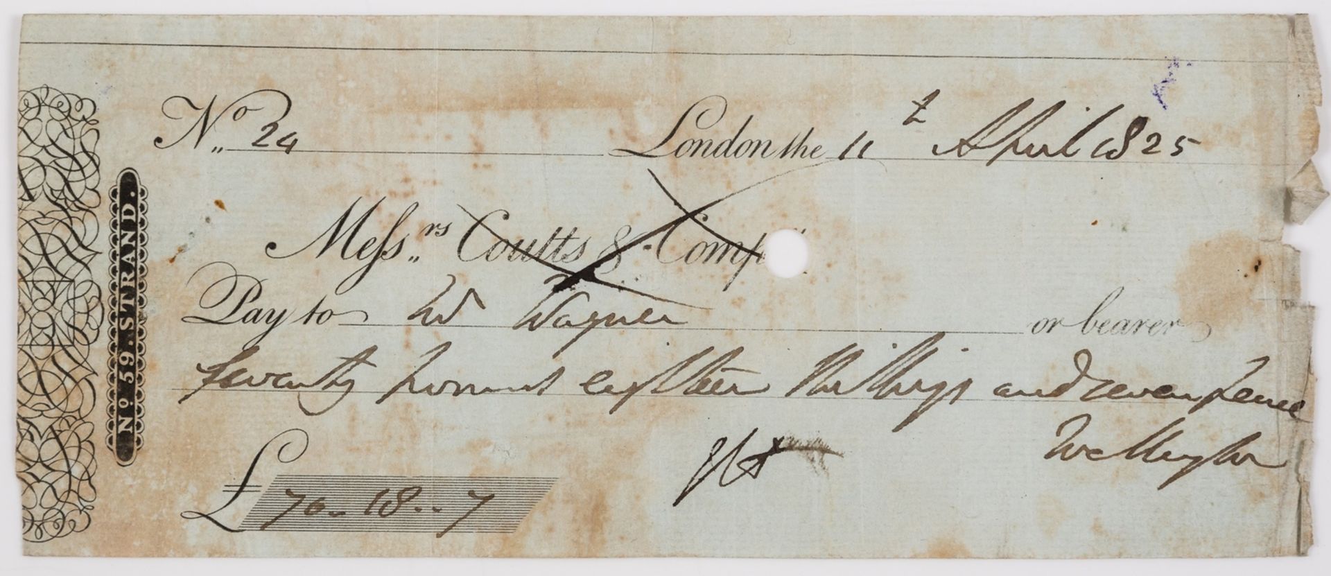 Wellington (Arthur Wellesley, first Duke of ) Autograph cheque signed, 1825.