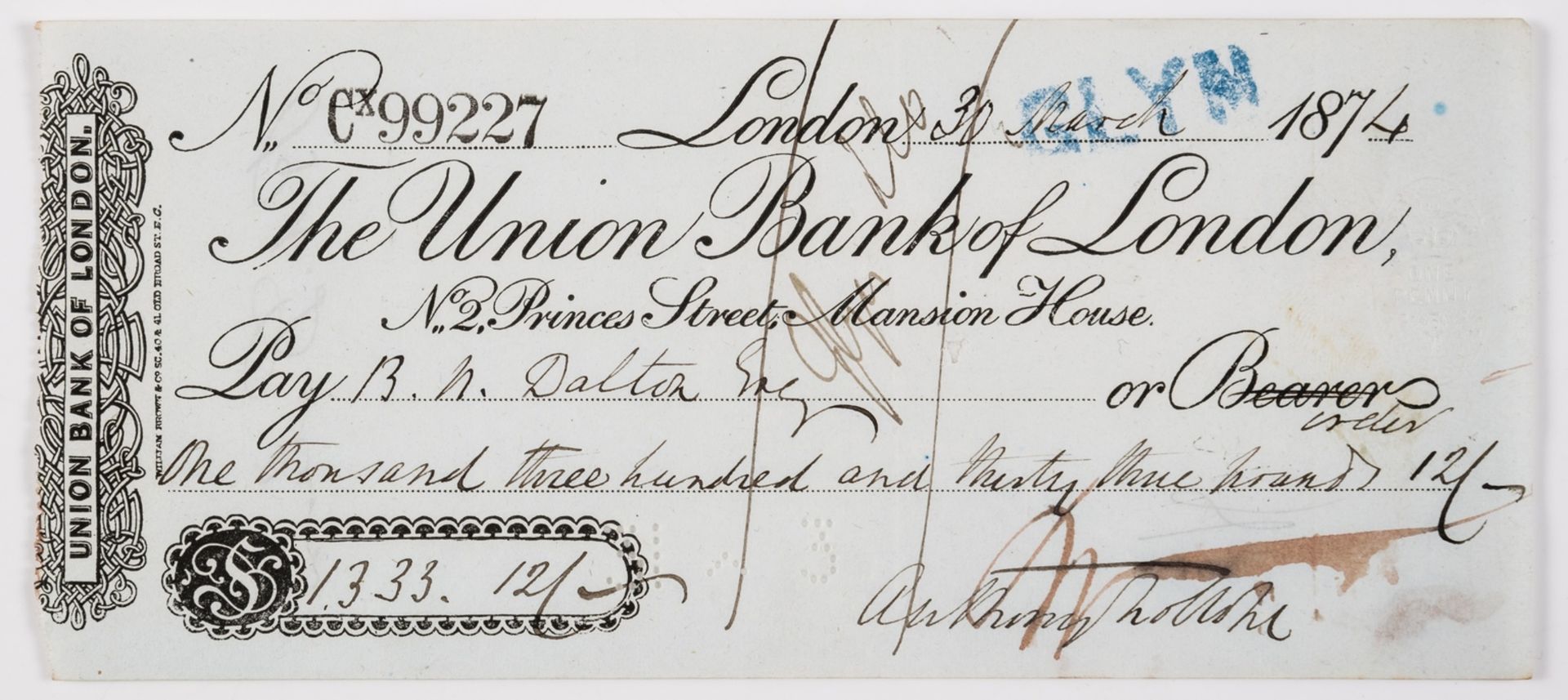 Trollope (Anthony) Autograph Cheque signed, 1874.