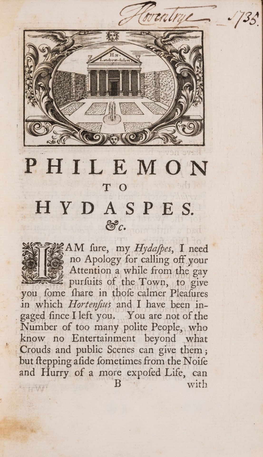 [Coventry (Henry)] Philemon to Hydaspes; relating a Conversation with Hortensius upon the Subject …