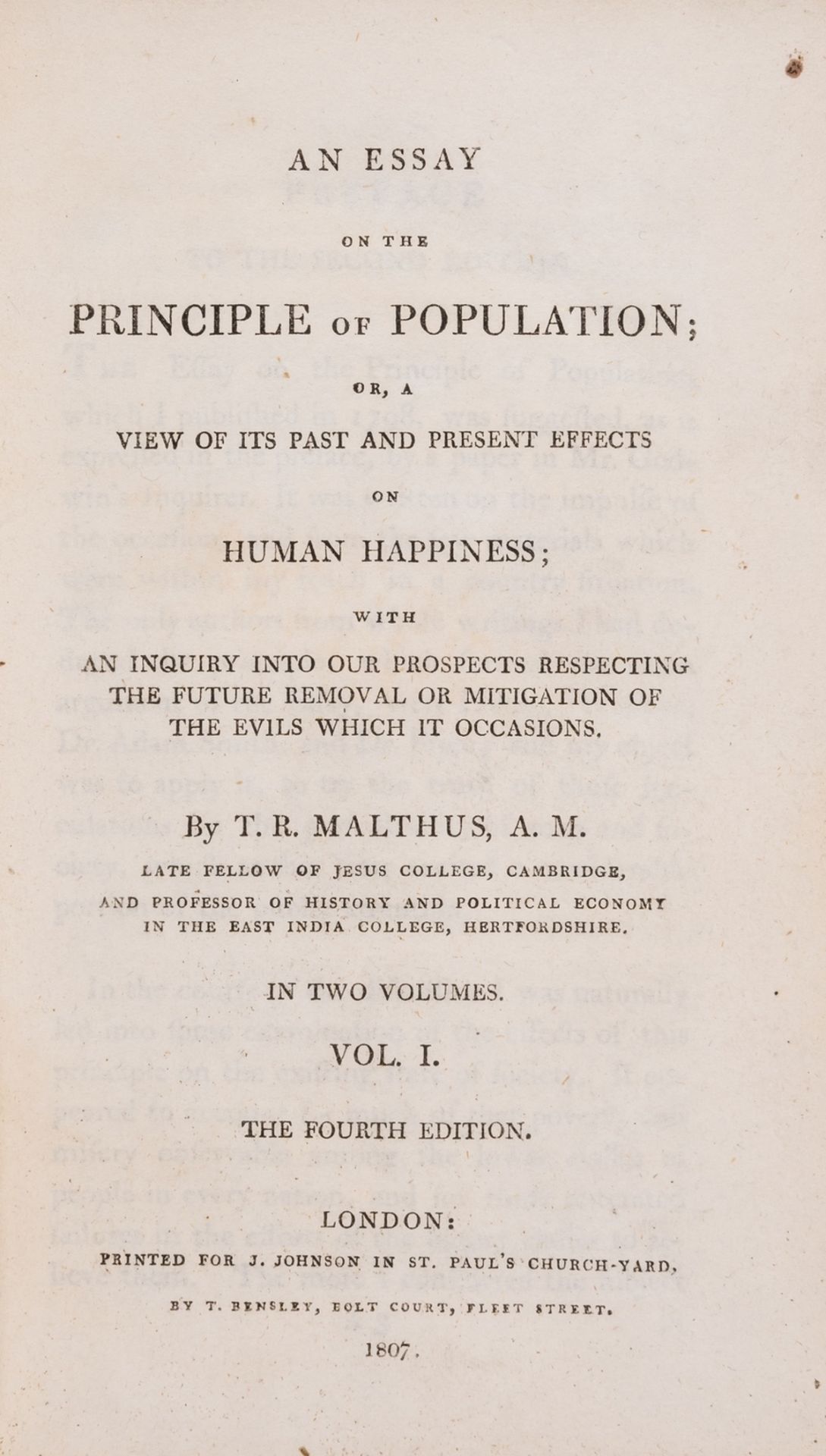 Malthus (T. R.) An Essay on the Principle of Population; or, a view of its past and present …