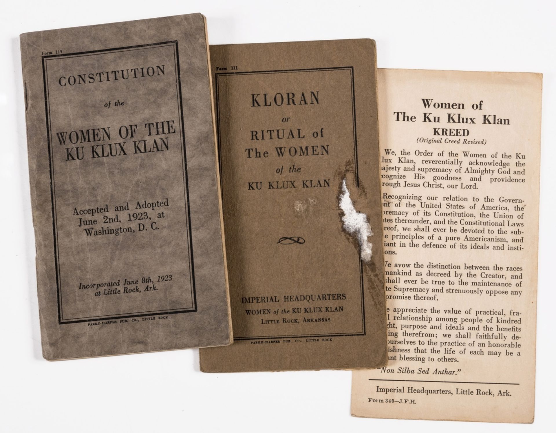 Ku Klux Klan.- Kloran or Ritual of the Women of the Ku Klux Klan, Little Rock, AR, [1920s]; and 2 …