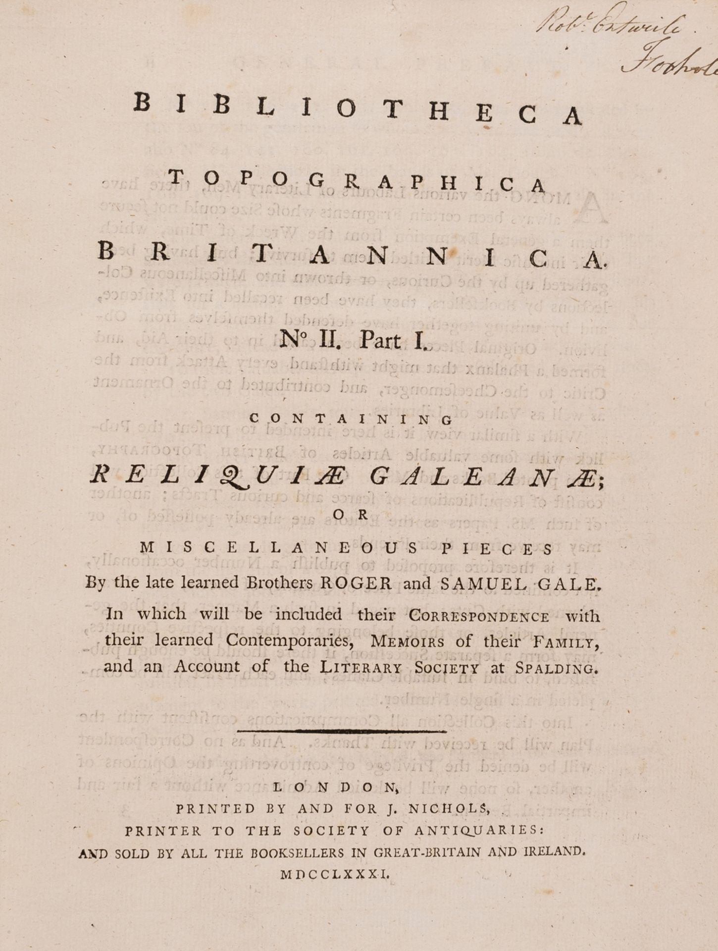 Britain.- Gale (Roger & Samuel) Bibliotheca Topographica Britannica No. II Parts I-III: Reliquiæ …