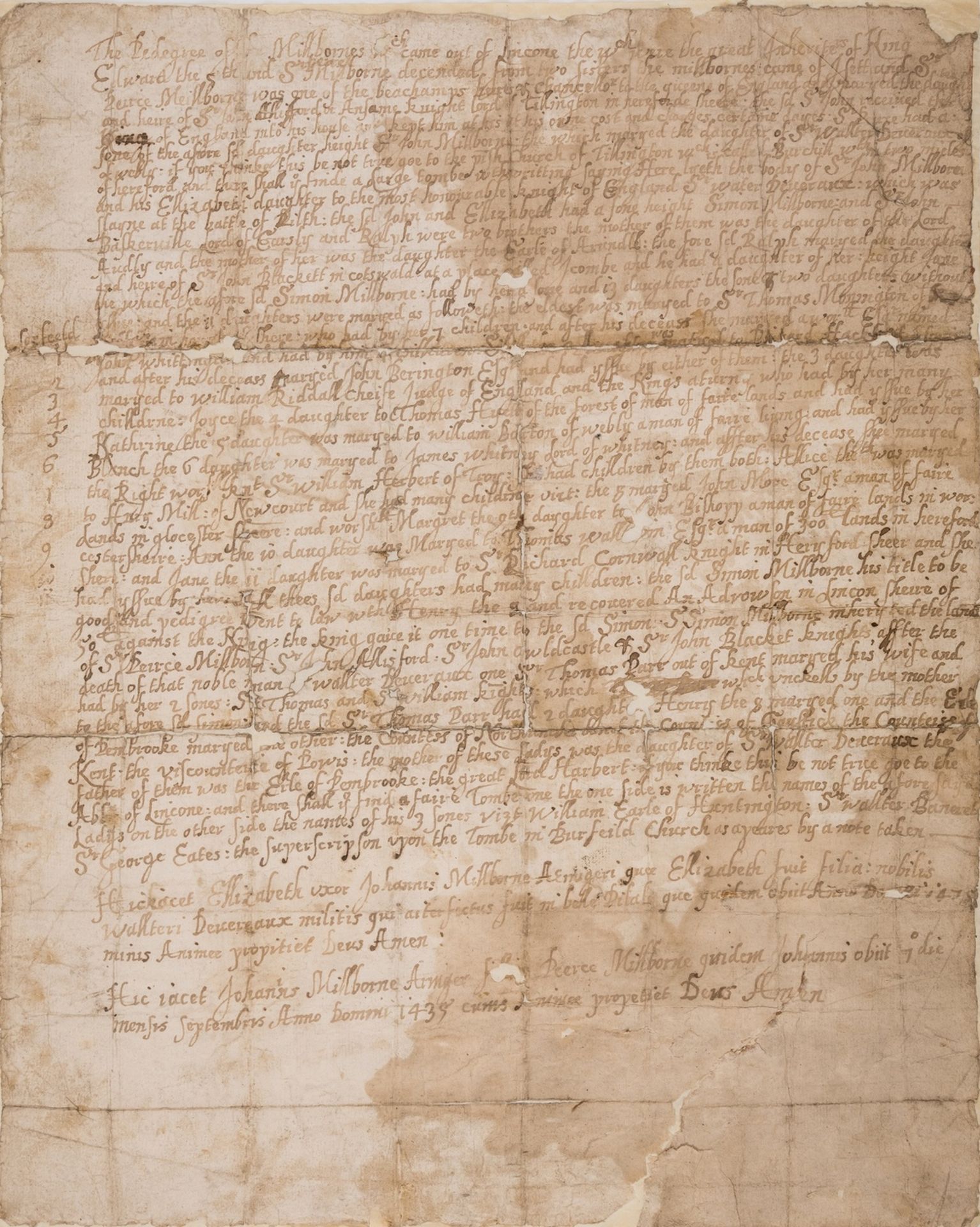 Milborne Family (of Lincoln) The Pedegree of ye Millbornes hth came out of Lincone..., manuscript …