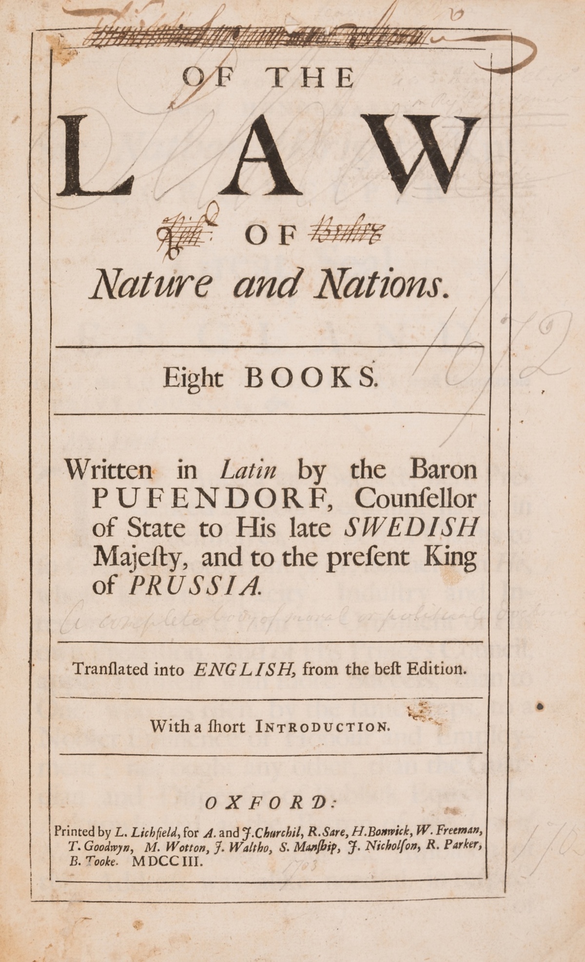 Pufendorf (Samuel) Of the Law of Nature and Nations, first edition in English, translated by Basil …