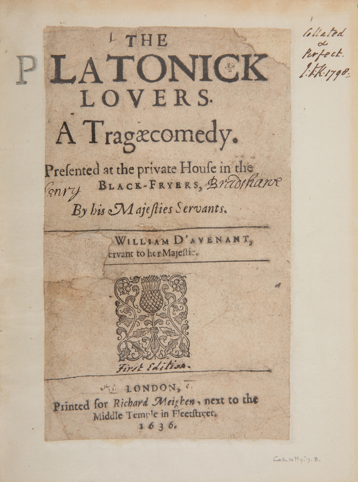 D'Avenant (William) The Platonick Lovers. A Tragaecomedy, first edition, J. P. Kemble's copy, …