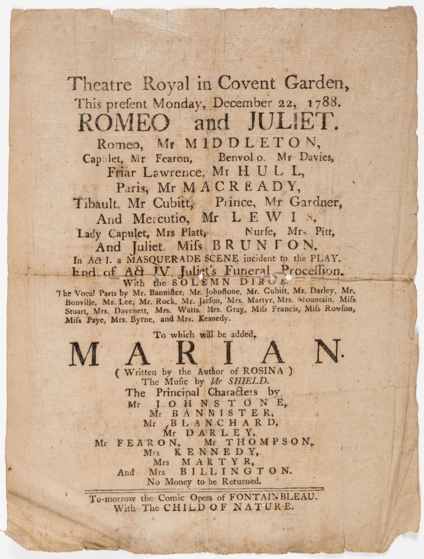 Theatre Broadside.- Broadside for Romeo and Juliet at the Theatre Royal, Covent Garden, rare, …