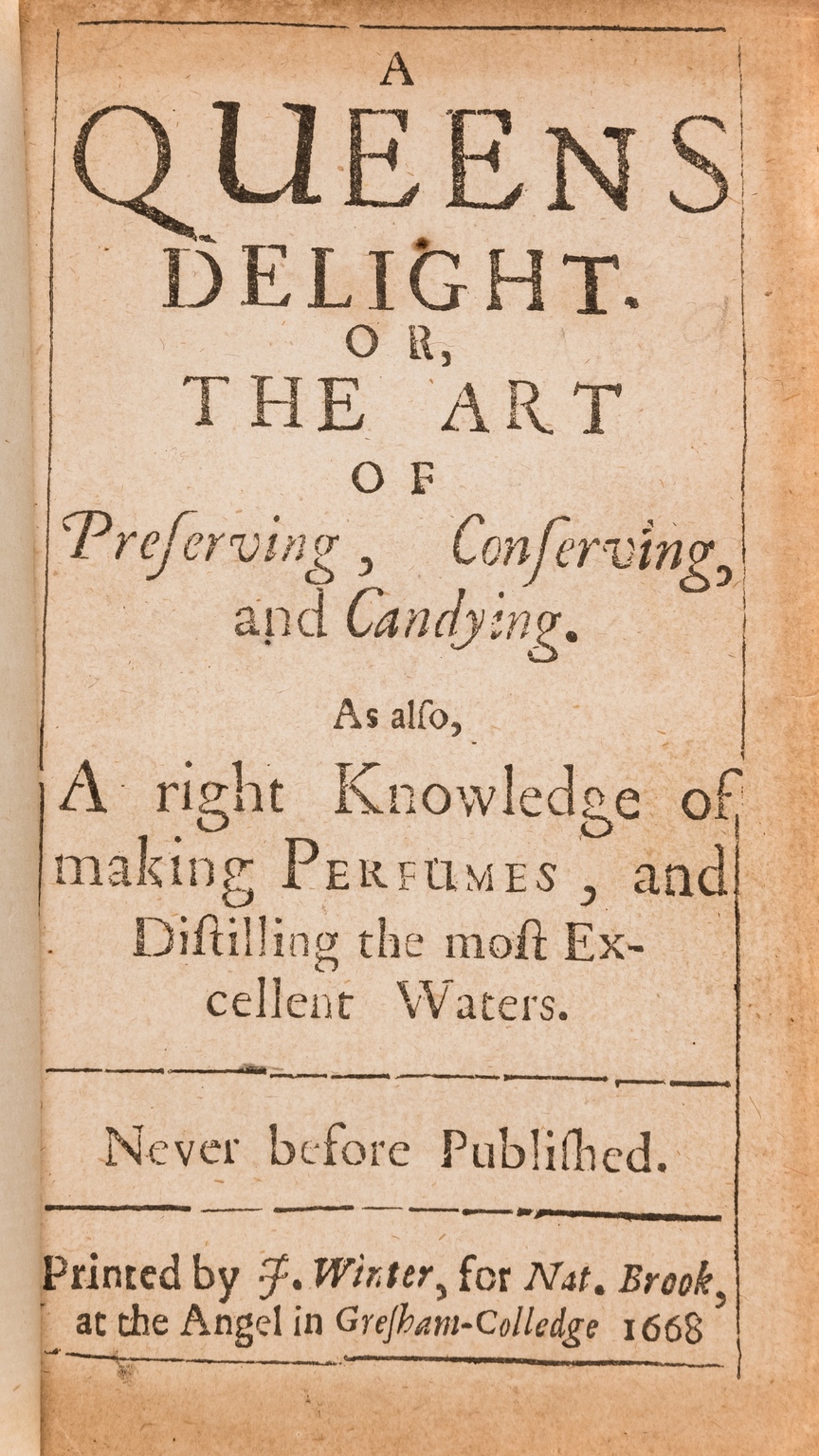 Queens delight (A), or, the art of preserving, conserving, and candying. As also, a right …