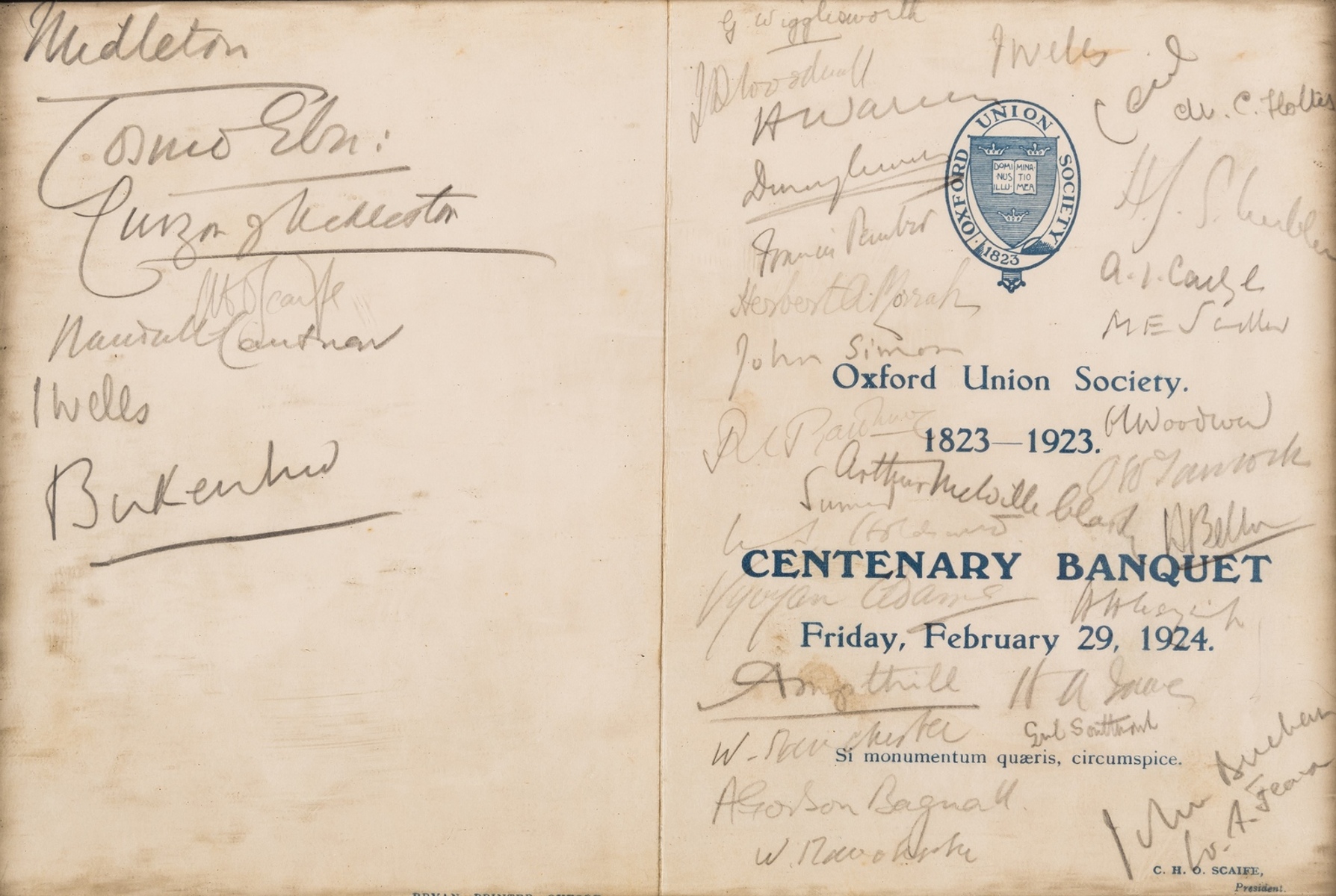 Ephemera.- Oxford Union Society. 1823-1923. Centenary banquet. Friday, February, 29, 1924, 1924; … - Image 2 of 2