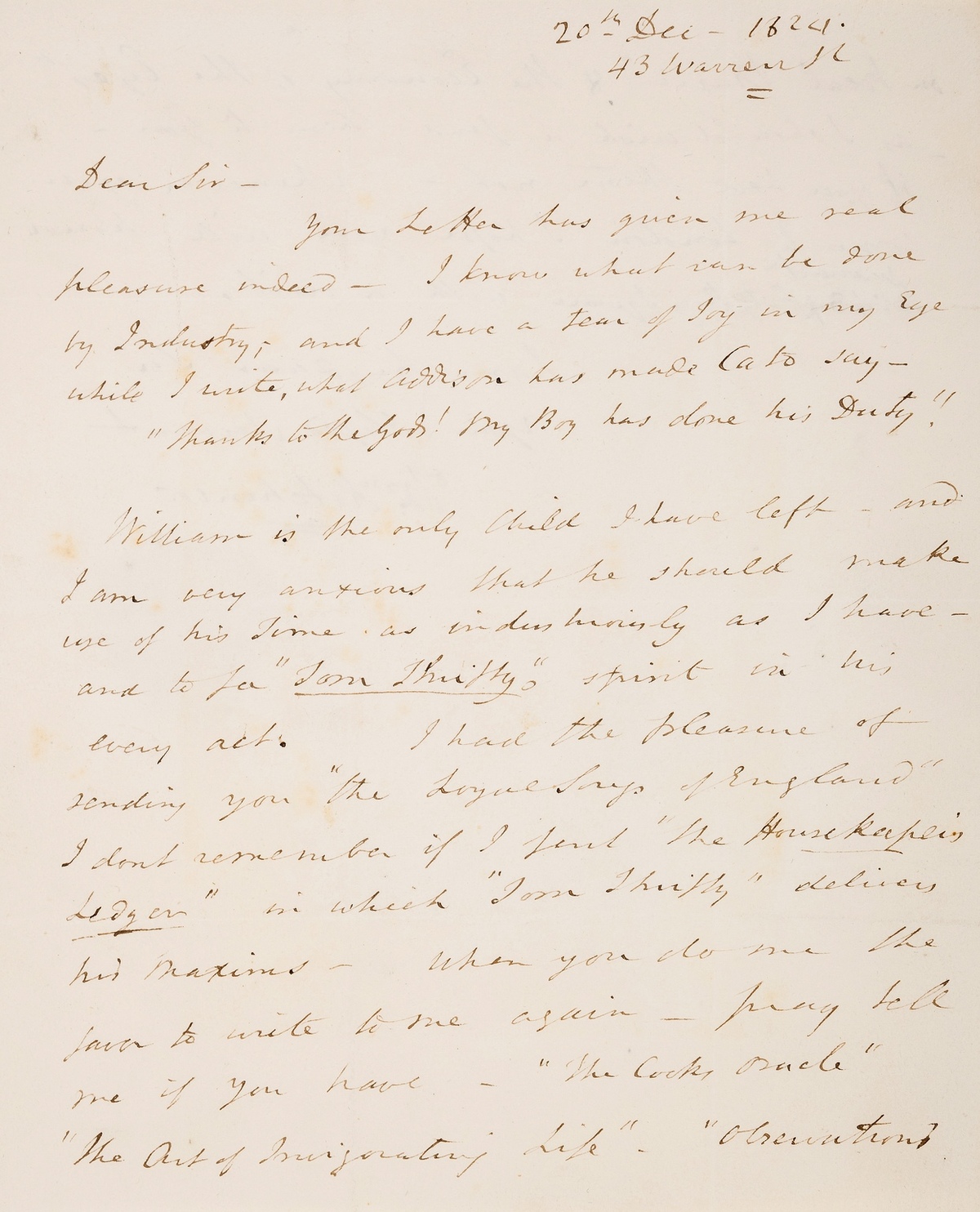 Kitchiner (William) Autograph Letter signed mentioning his cookery book, "The Cook's Oracle", 1824.