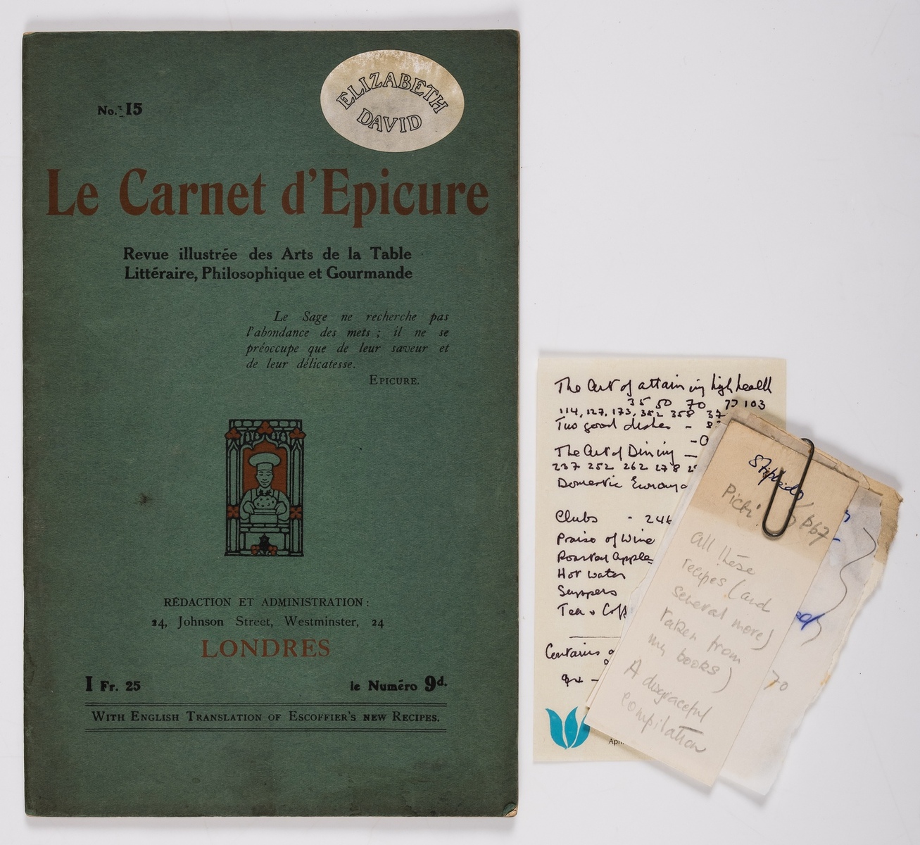 David (Elizabeth).- Le Carnet d'Epicure, 8 numbers, Elizabeth David's copies, with a few autograph …