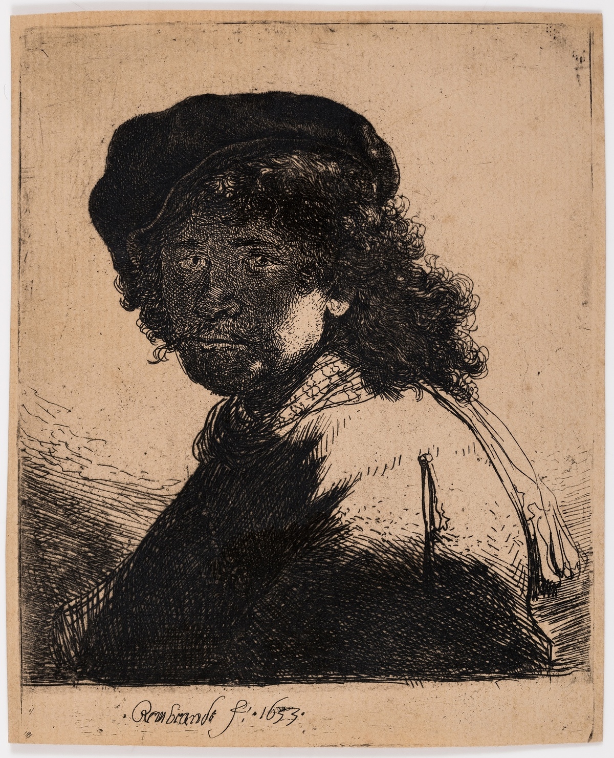 Rembrandt van Rijn (1606-1669) Self-Portrait in a Cap and Scarf with the Face Dark