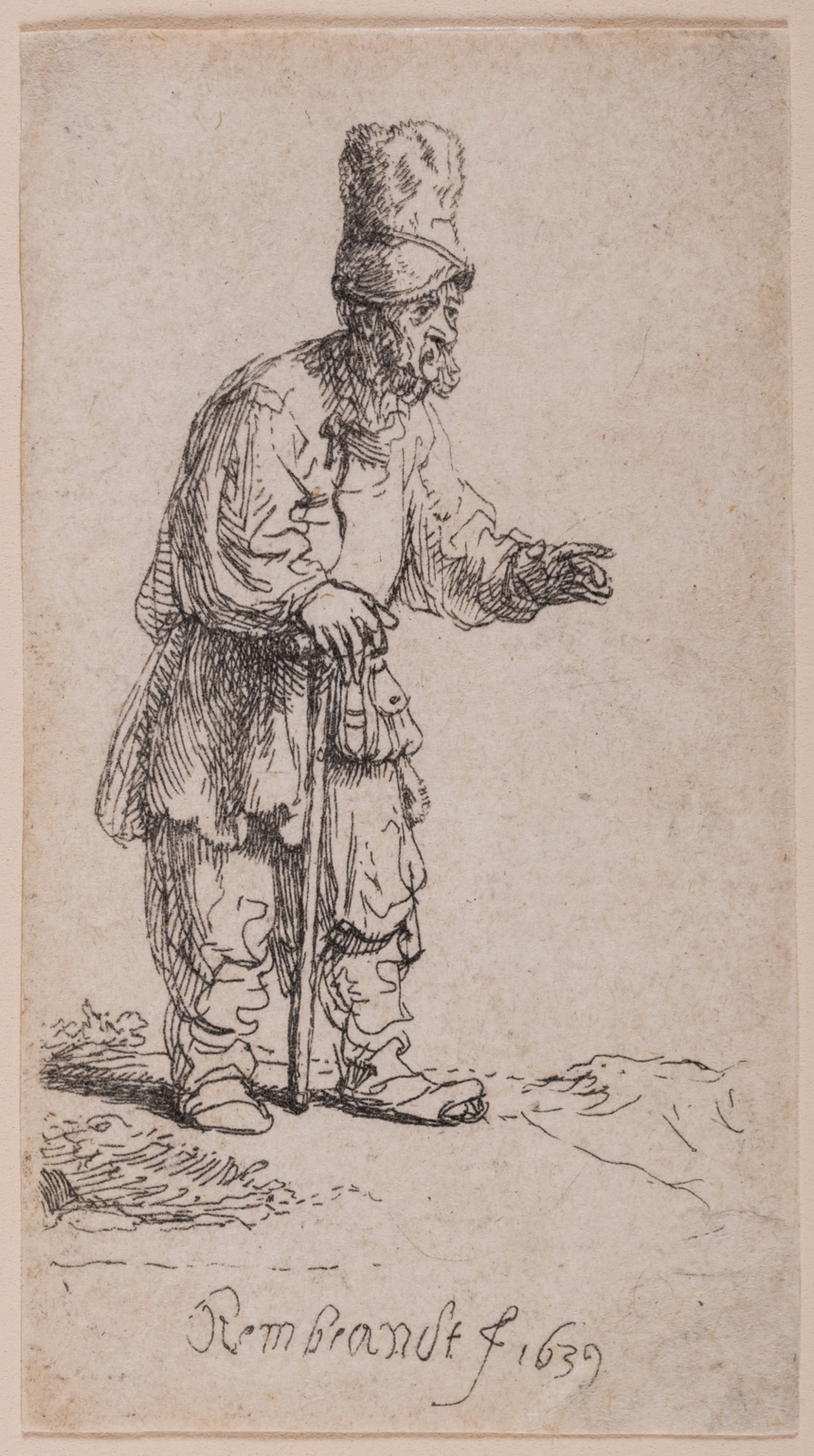 Rembrandt van Rijn (1606-1669) A Peasant in a High Cap, Standing Leaning on a Stick
