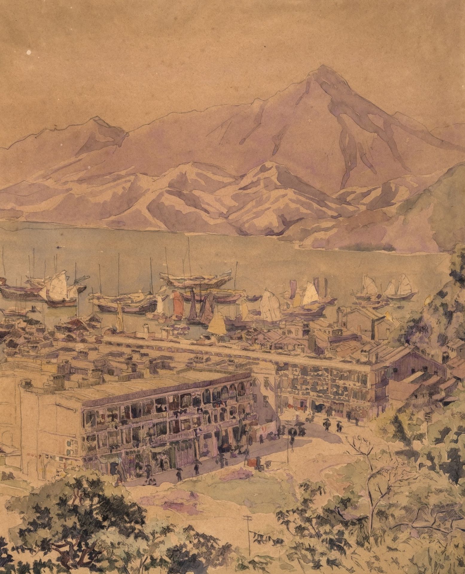 Hong Kong.- Anonymous (early 20th century) Harbour view at sunset, traditionally believed to show …