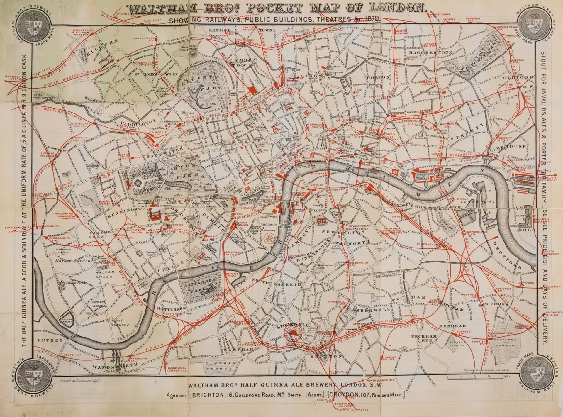 London.- Waltham Bros.' Pocket Map of London, showing Railways, Public Buildings, Theatres, etc., …