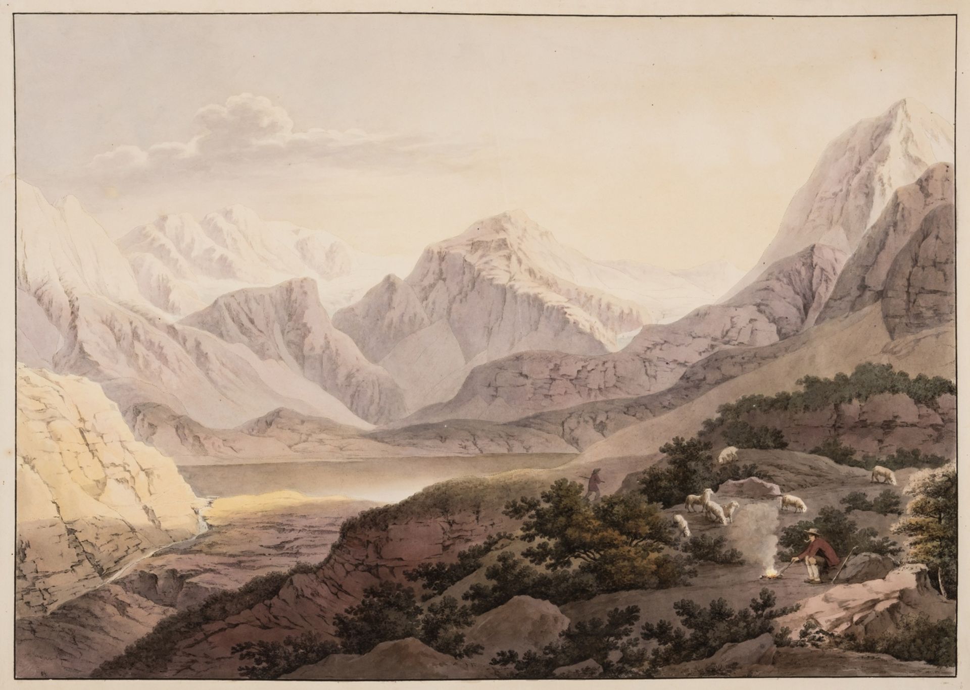 Alps.- Austria.- European School (19th century) Landscape with shepherd, the Finstertaler Stausee …