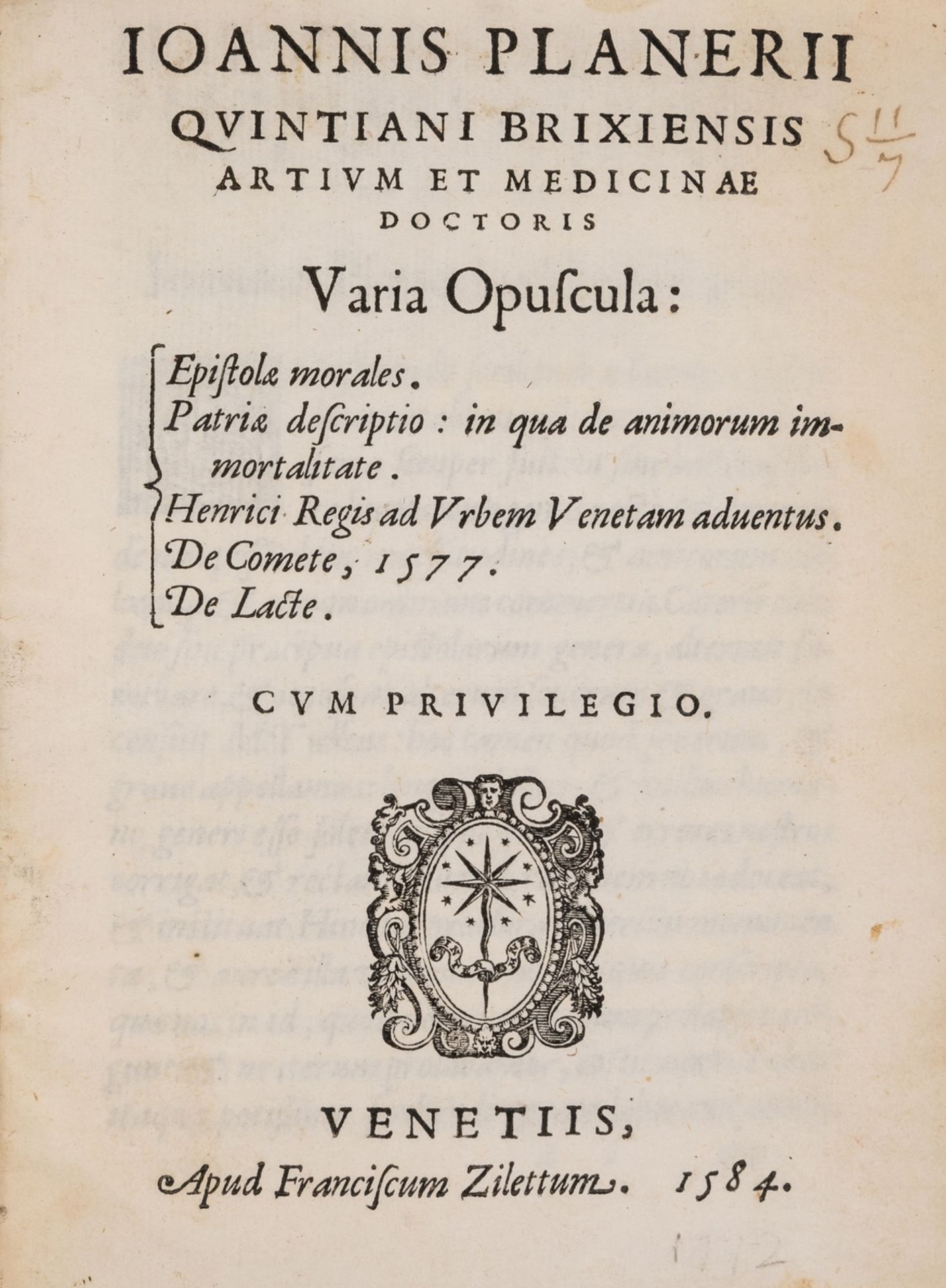 Comet.- Pianeri (Giovanni) Varia opuscula, first edition, Venice, Francesco Ziletti, 1584.