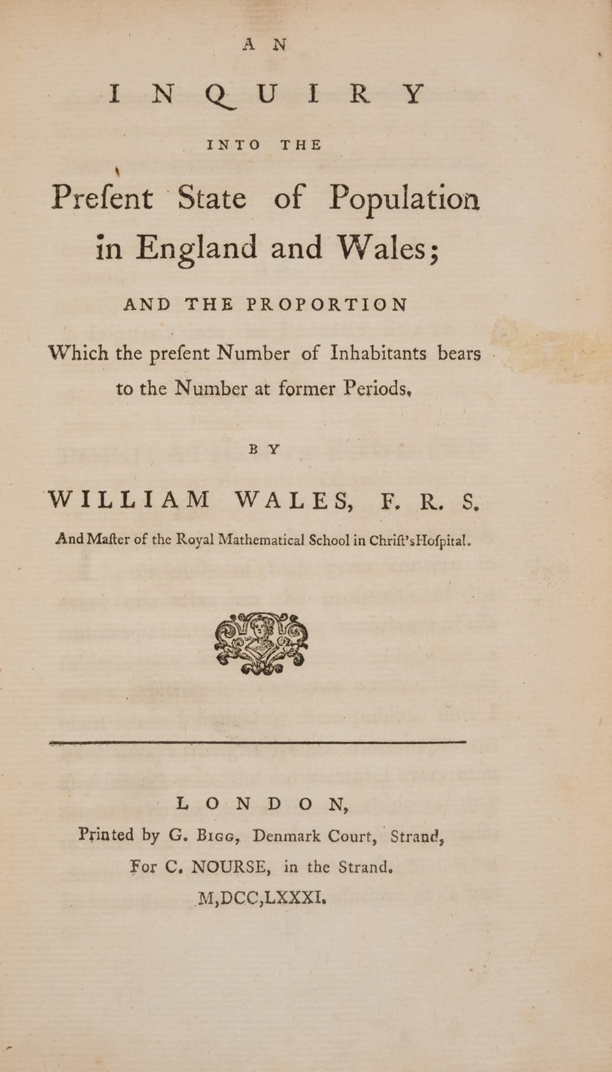 Population.- Wales (William) An Inquiry into the Present State of Population in England and …