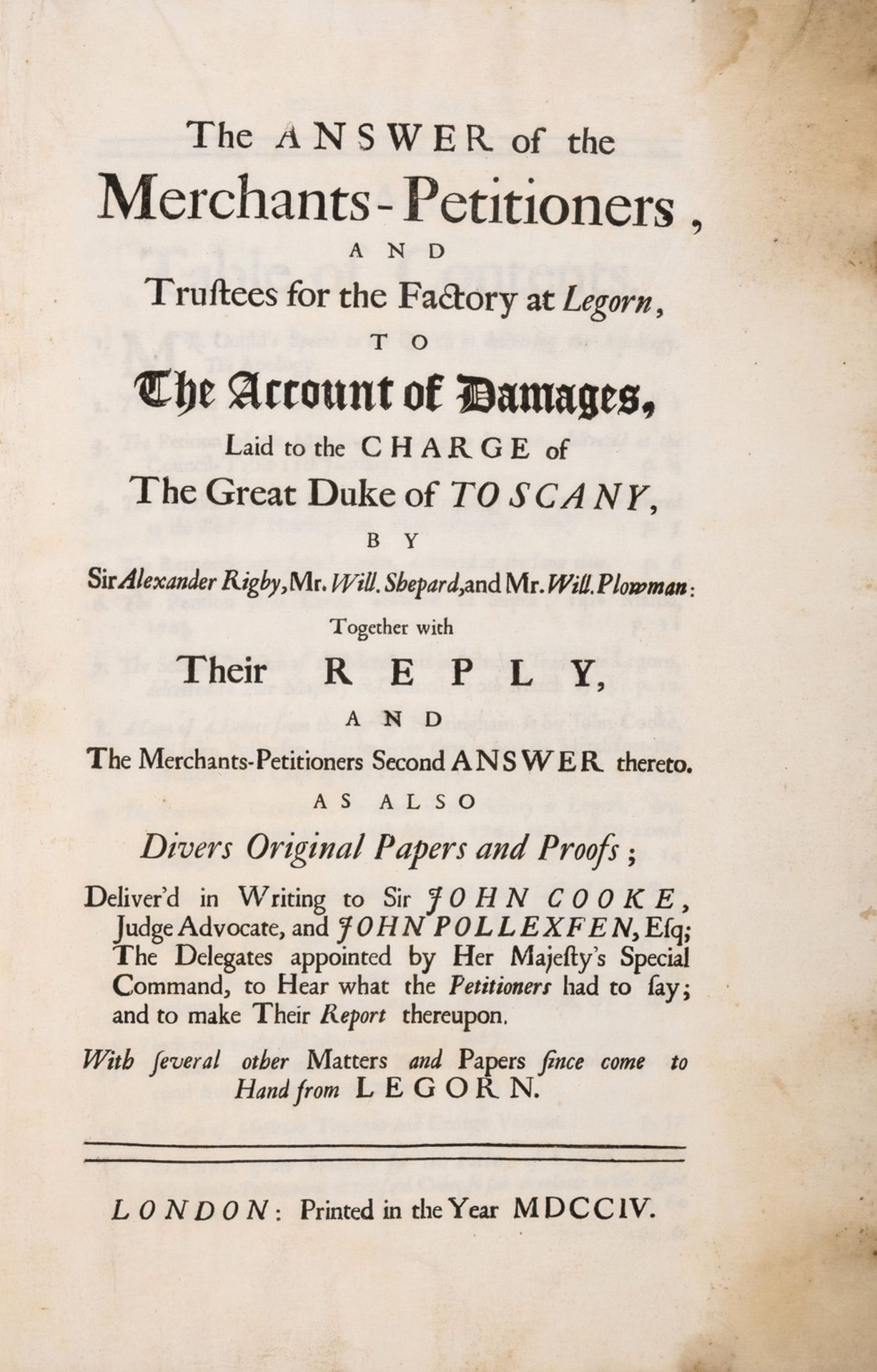 Trade.- Merchants-Petitioners and Trustees for the Factory at Leghorn. The Answer...to the Account … - Image 2 of 2