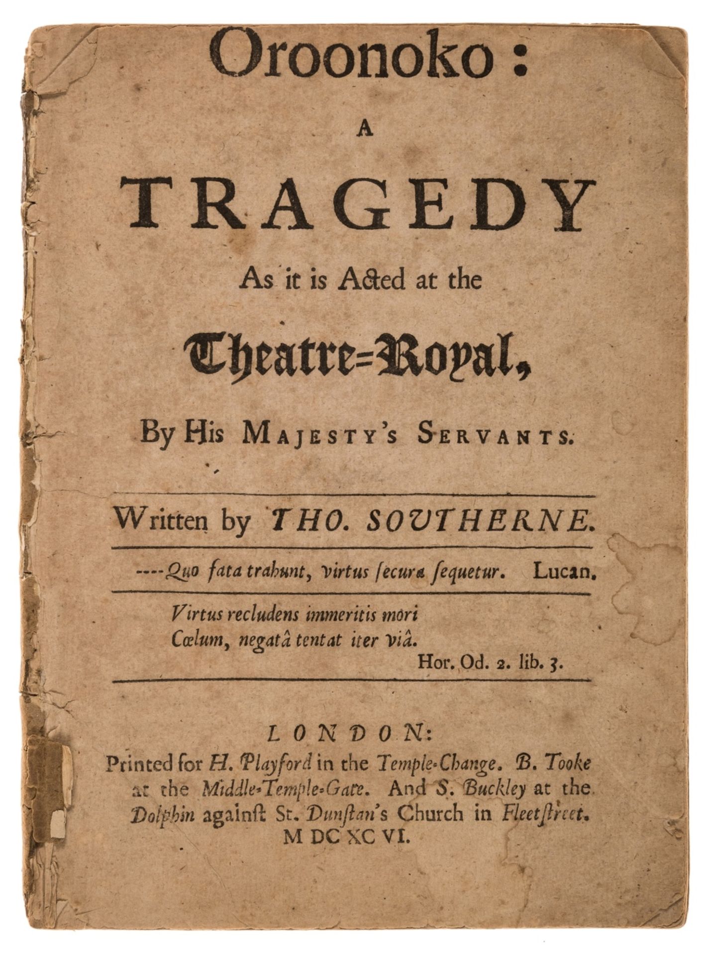 Behn (Aphra).- Southerne (Thomas) Oroonoko: A Tragedy, for H. Playford et al., 1696.