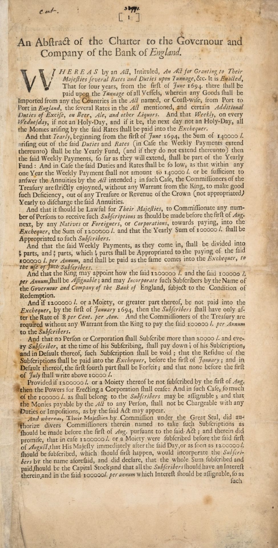 Bank of England. An Abstract of the Charter to the Governour and Company of the Bank of England, …