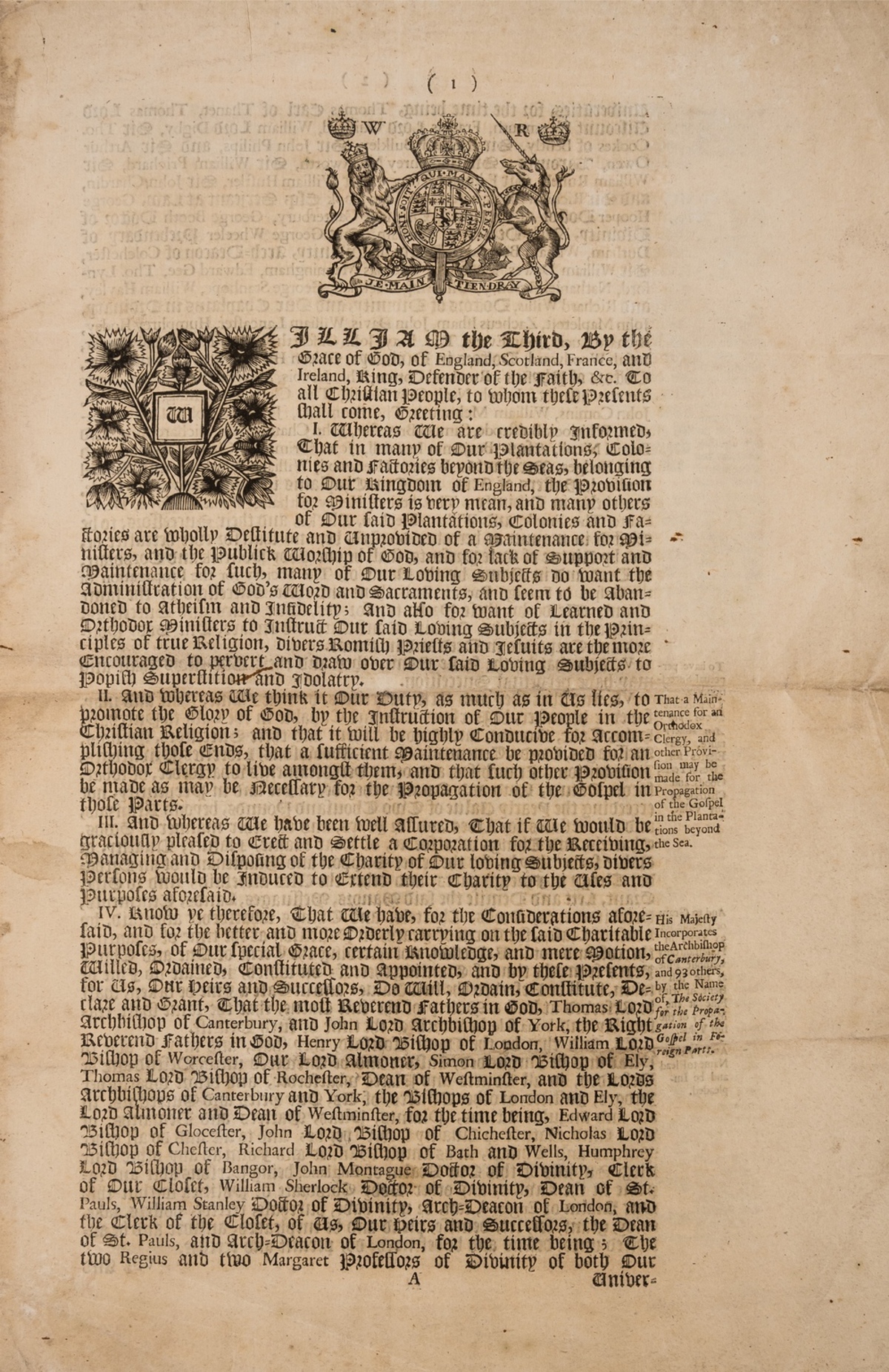 America.- Society for the Propagation of the Gospel in Foreign Parts. [Charter granted to the …