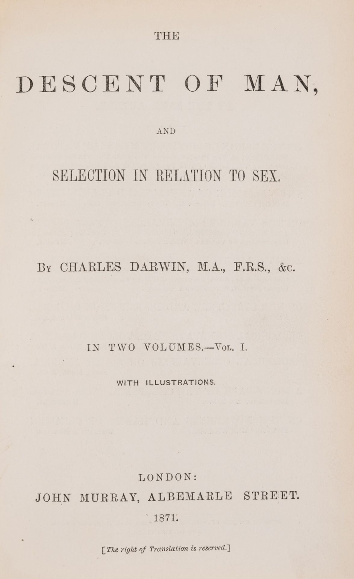 Darwin (Charles) The Descent of Man, 2 vol., first edition, second issue, 1871.