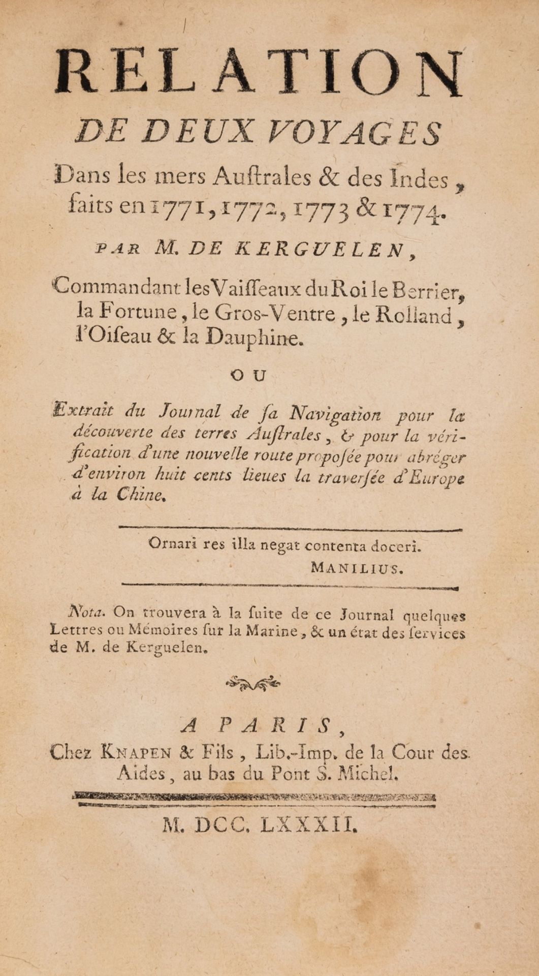 Australasia.- Kerguelen-Trémarec (Yves Joseph de) Relation de Deux Voyages Dans les mers Australes …