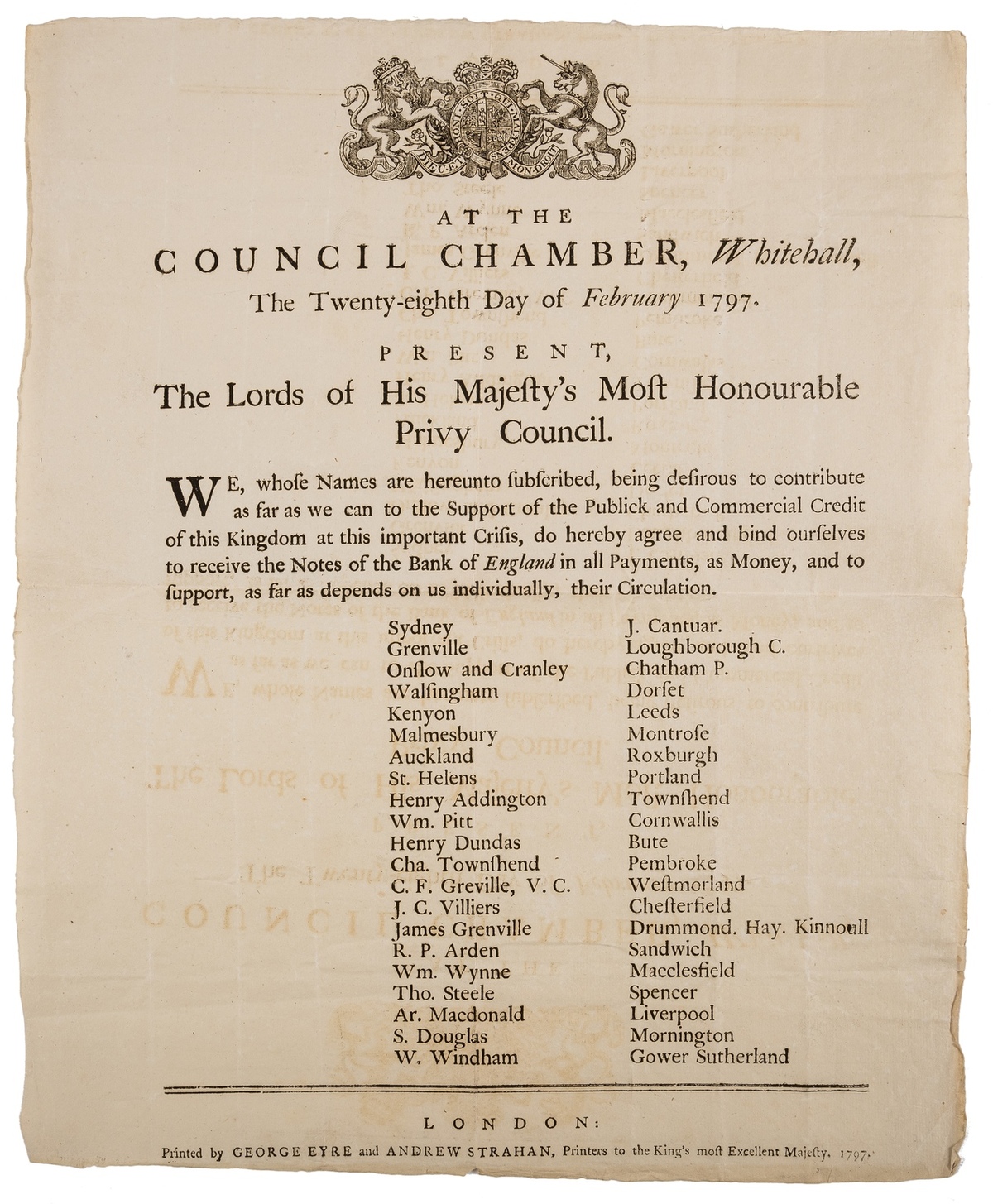 Broadside.- Bank Restriction Act.- At the Council Chamber, Whitehall, The Twenty-eighth Day of …