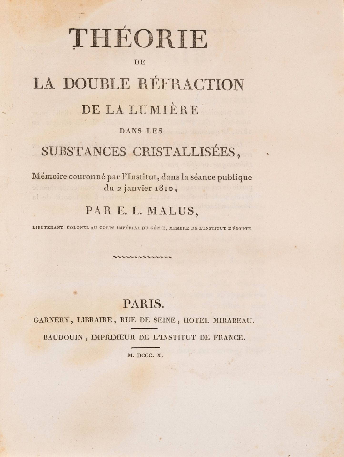 Physics.- Malus (Etienne Louis) Théorie de la Double Réfraction de la Lumière dans les Substances … - Image 2 of 2