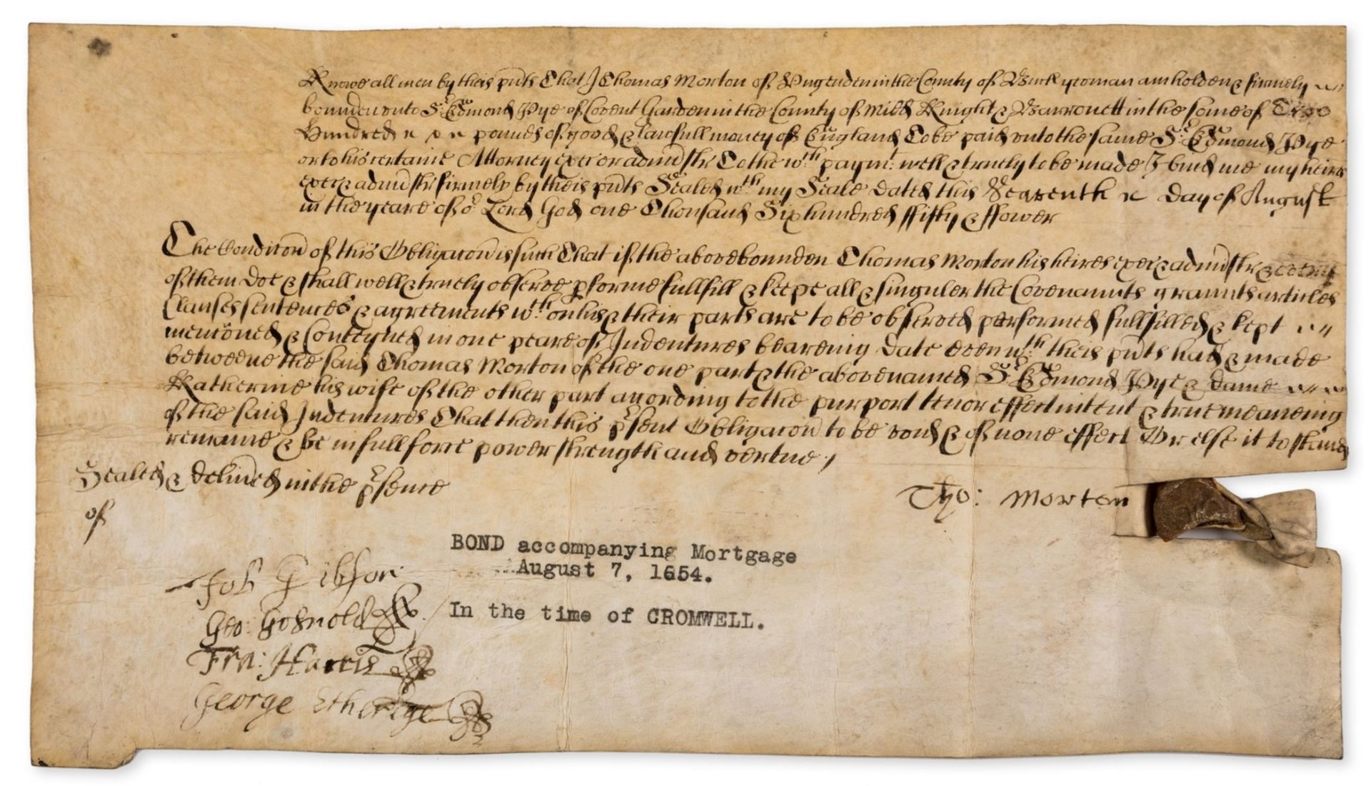 Restoration Playwright.- Etherege (Sir George).- Obligation Bond by Thomas Morton of Hughenden to …