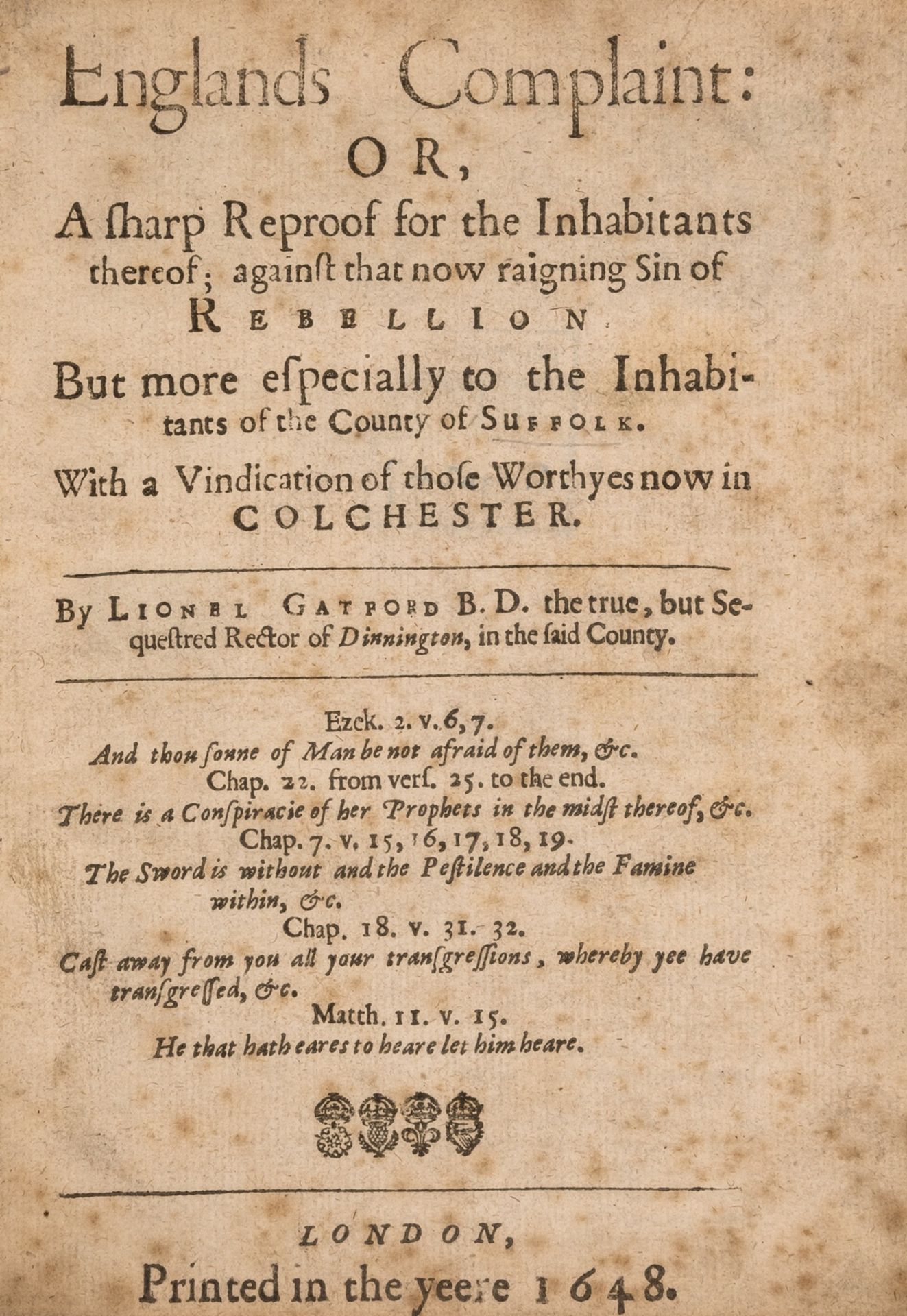 Gatford (Lionel) Englands Complaint: or, a sharp Reproof...against that now raigning Sin of …