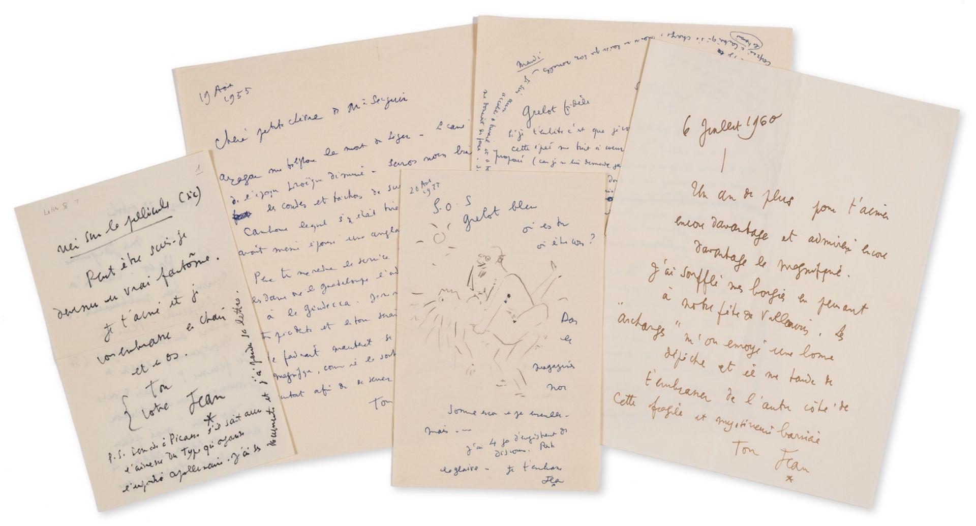 Cocteau (Jean) 9 Autograph Letters signed "Jean", 1 with drawing, 11pp., 1955.