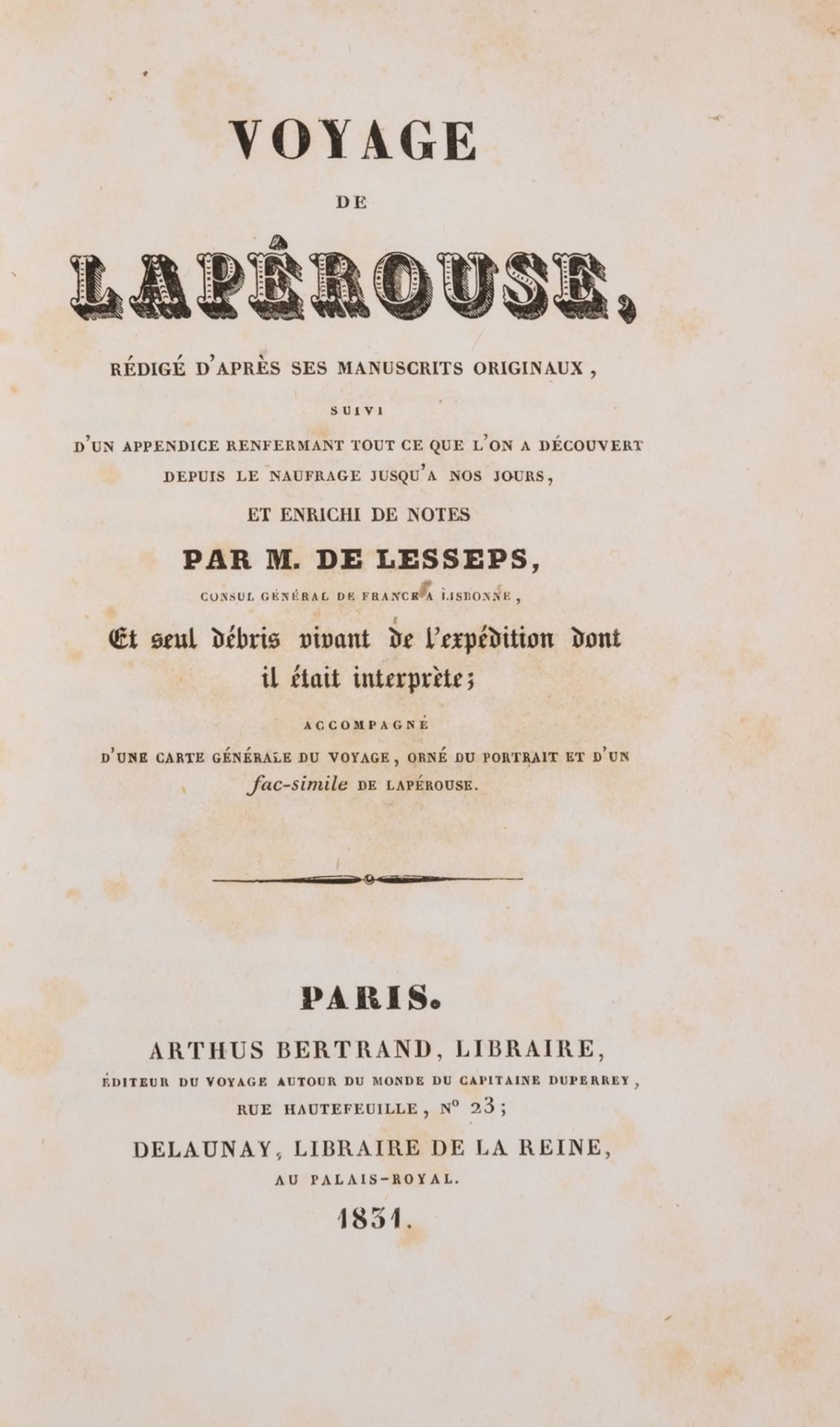 Lapérouse.- Lesseps (Jean-Baptiste Barthélemy de) Voyage de La Pérouse, redigé d'après ses …