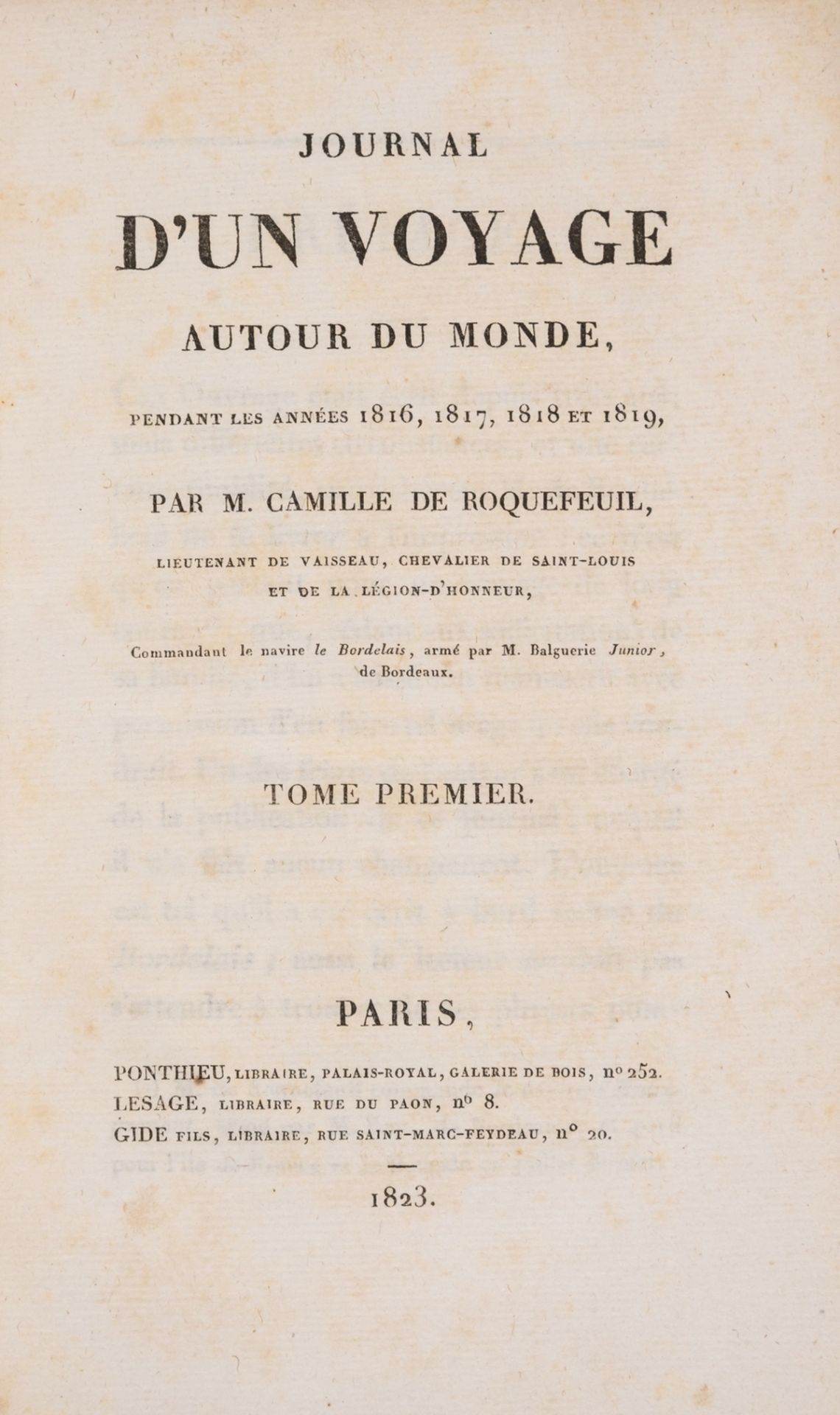 Roquefeuil (Camille de) Journal d'un Voyage Autour du Monde, 2 vol., first edition, Paris, 1823. - Bild 2 aus 2