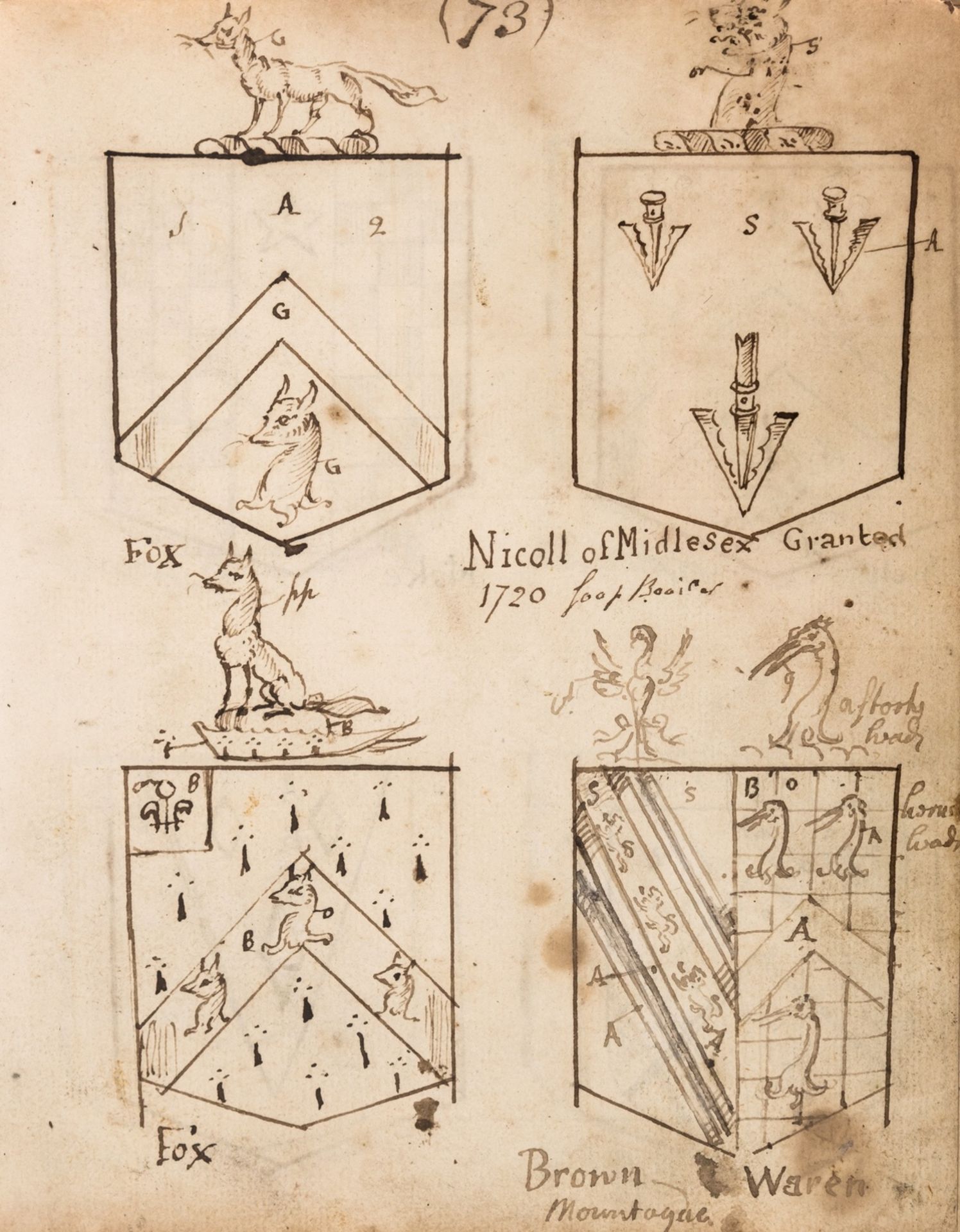 Heraldry.- [Volume of escutcheons and coats of arms], manuscript, c. 1130 escutcheons (shields) …