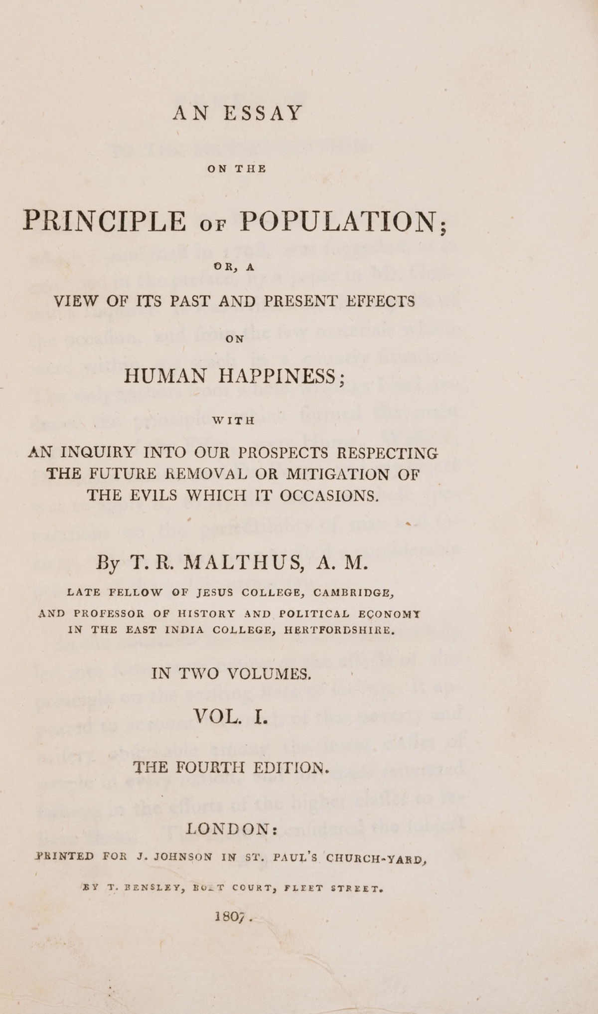 Population.- Malthus (Thomas Robert) An Essay on the Principle of Population..., 2 vol., fourth …