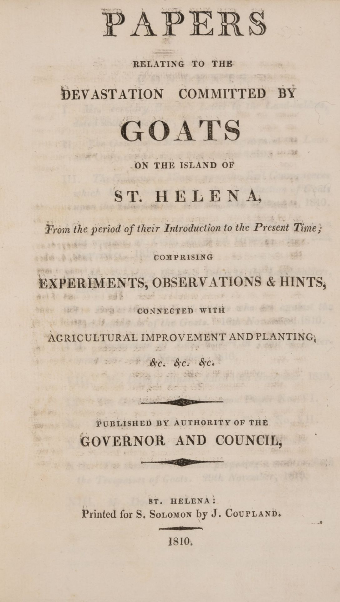 St.Helena.- [Beatson (Alexander)] Papers relating to the Devastation Committed by Goats on the …