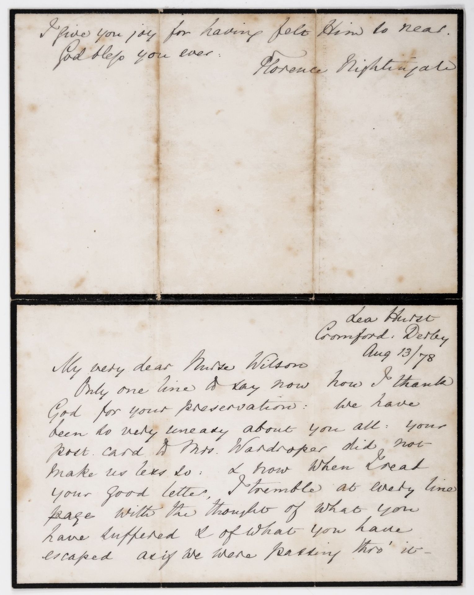 Nightingale (Florence) Autograph Letter signed to "Nurse Wilson", 1878, on her and 3 other nurses …