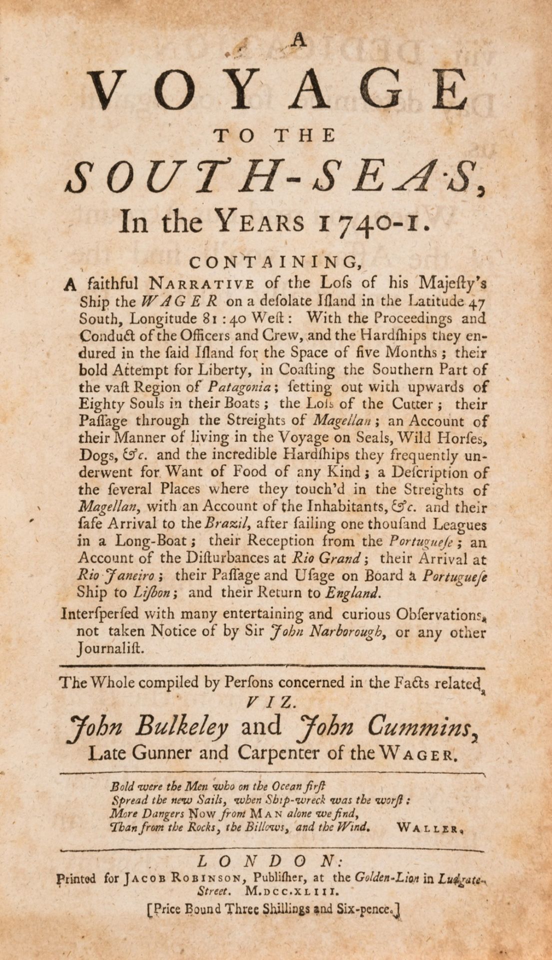 Anson (George).- Bulkeley (John) and John Cummins. A Voyage to the South Seas, in the Years …