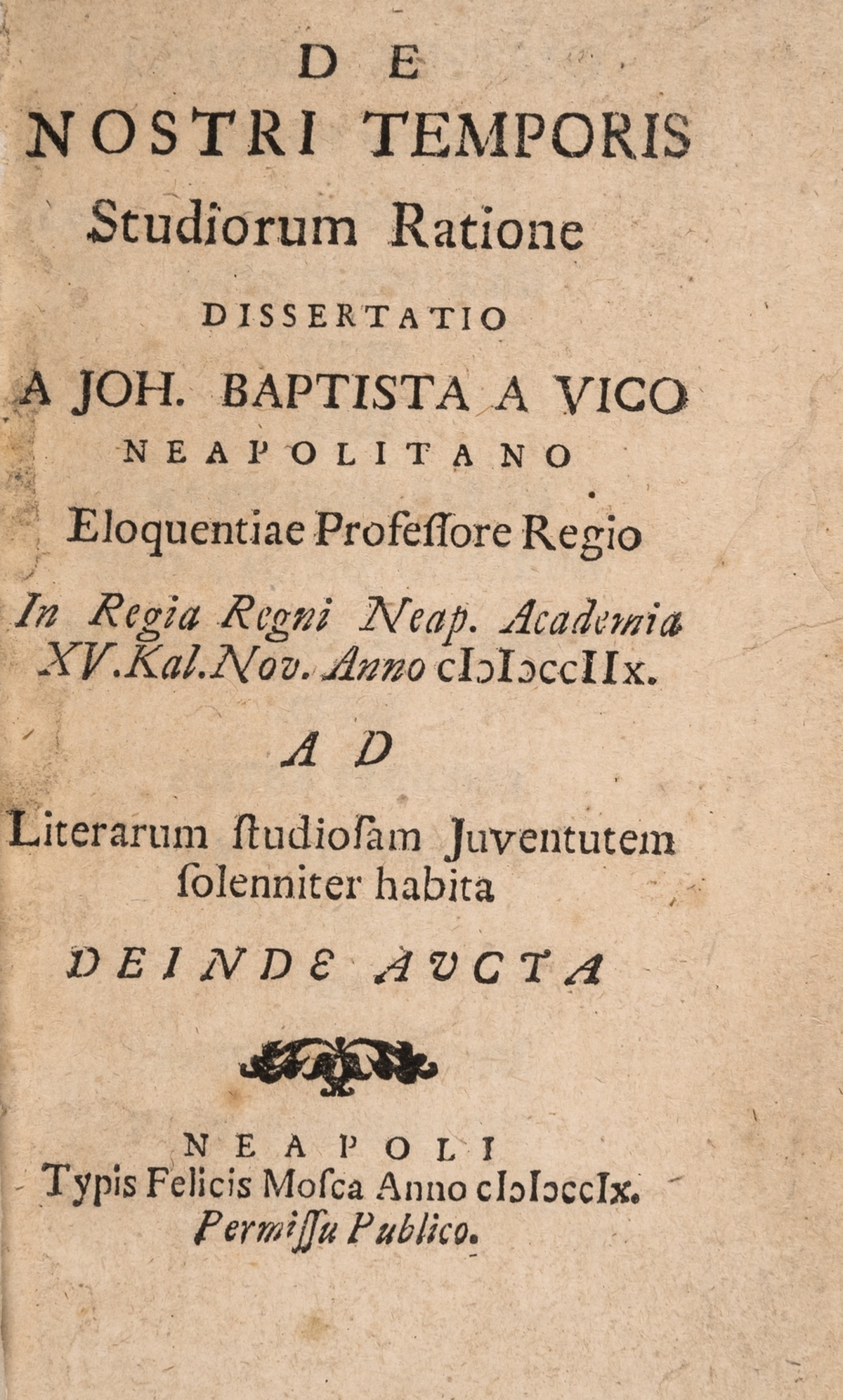 Vico (Giambattista) De nostri temporis studiorum ratione dissertatio, first edition, Naples, … - Image 2 of 2