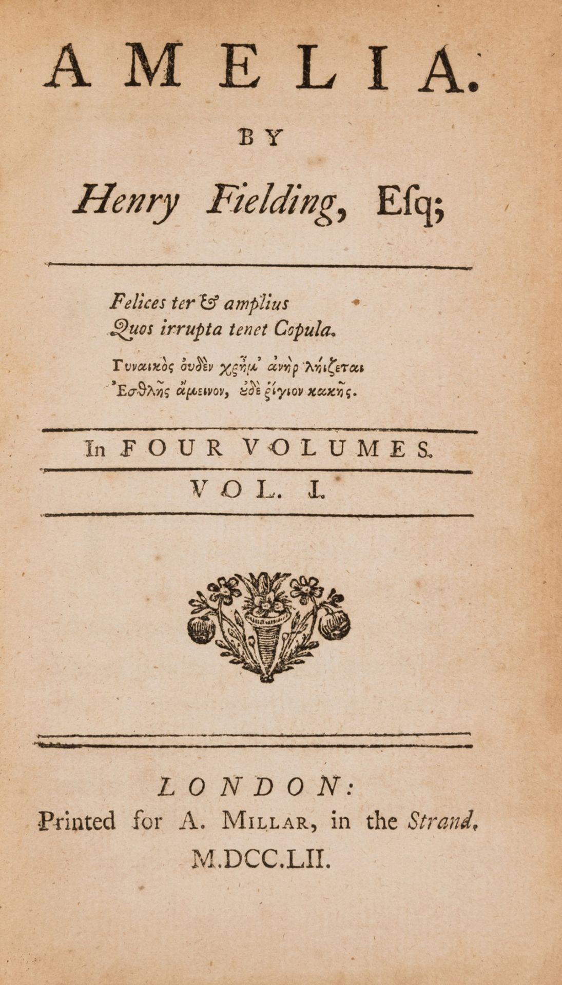 Fielding (Henry) Amelia, 4 vol., first edition, Printed for A. Millar, 1752.