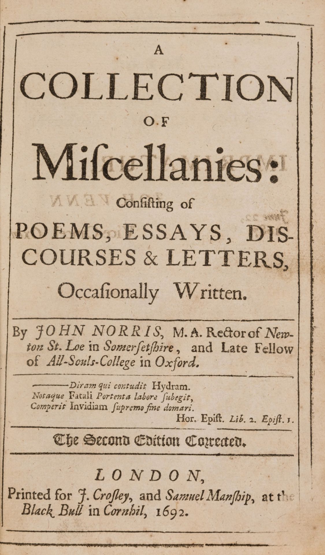 Cambridge Platonist.- Norris (John) A Collection of miscellanies: consisting of poems, essays, …